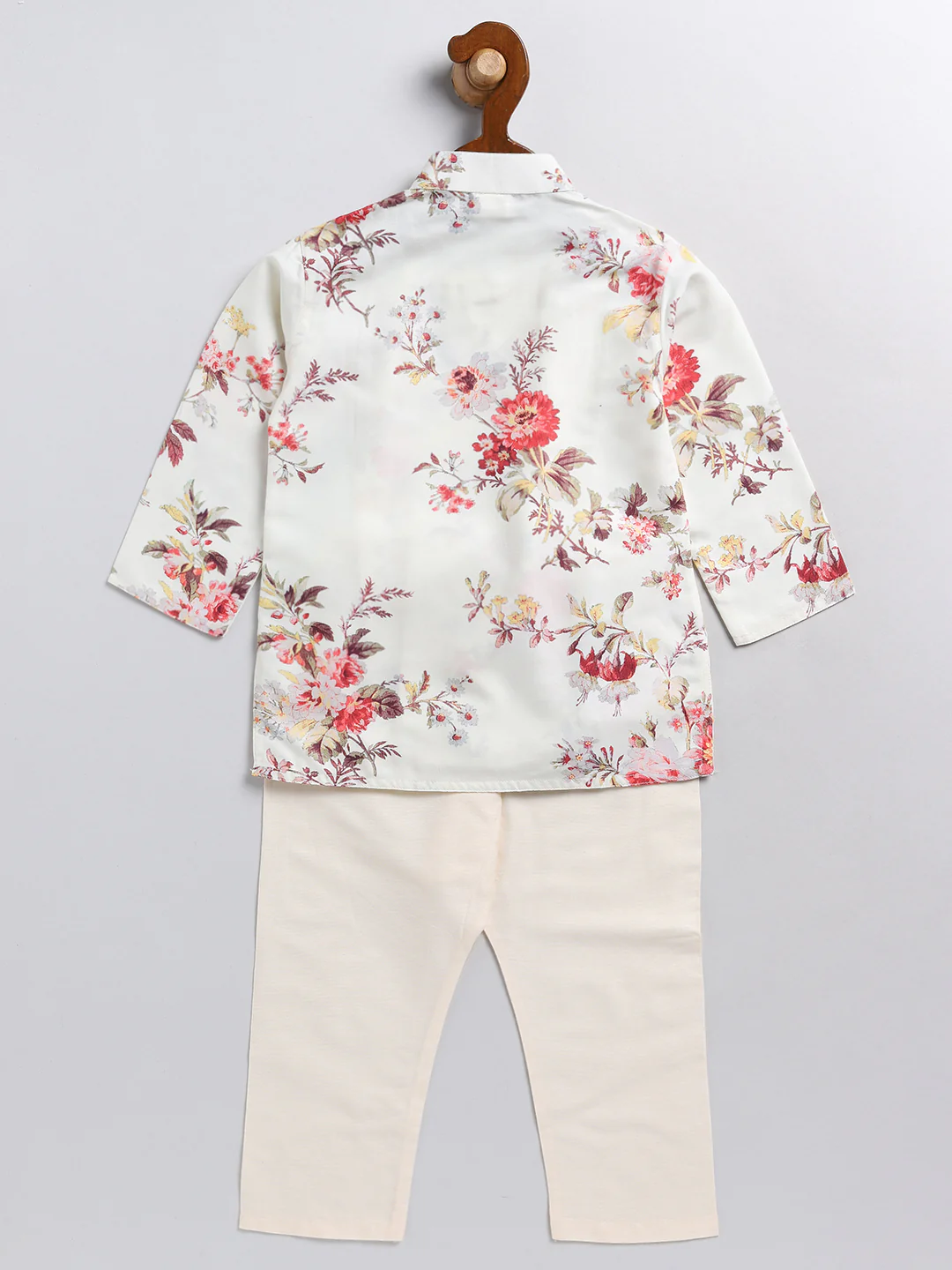 Boy's Cream Floral Printed Angrakha Kurta Pyjama Set - Image 4