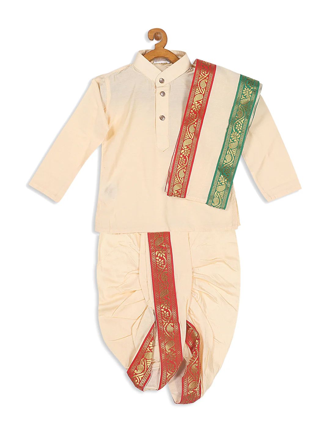 Boy's Gold-Toned Kurta With Dhoti Pants & With Dupatta - Image 4