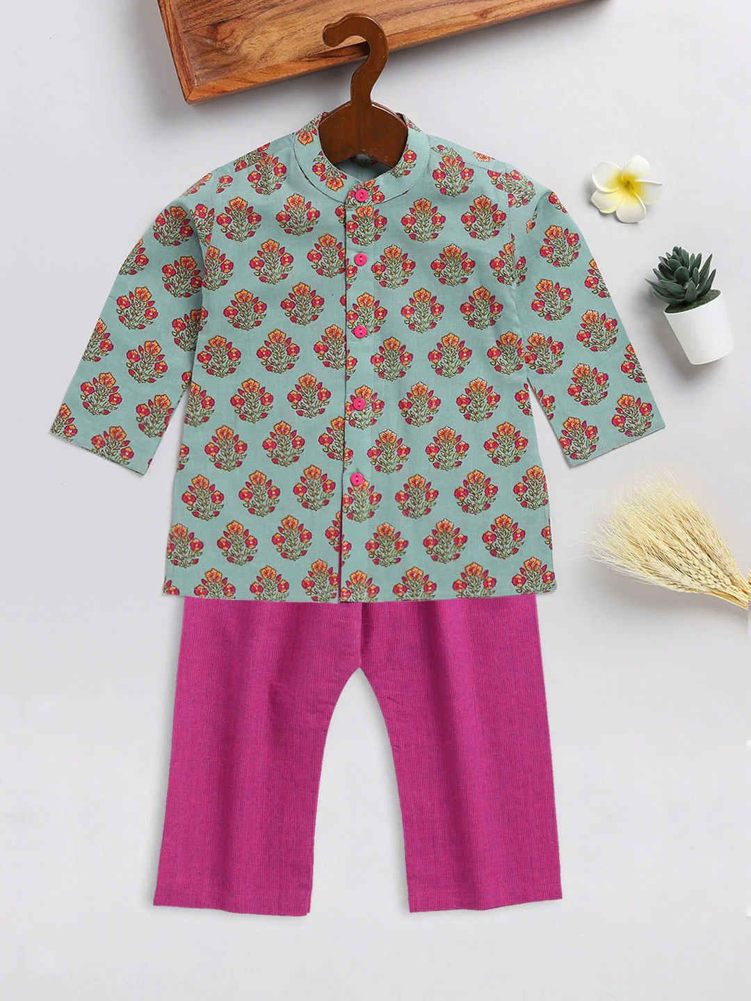 Sishu Boy's Green And Magenta Floral Printed Cotton Kurta Pyjama Set - Image 2