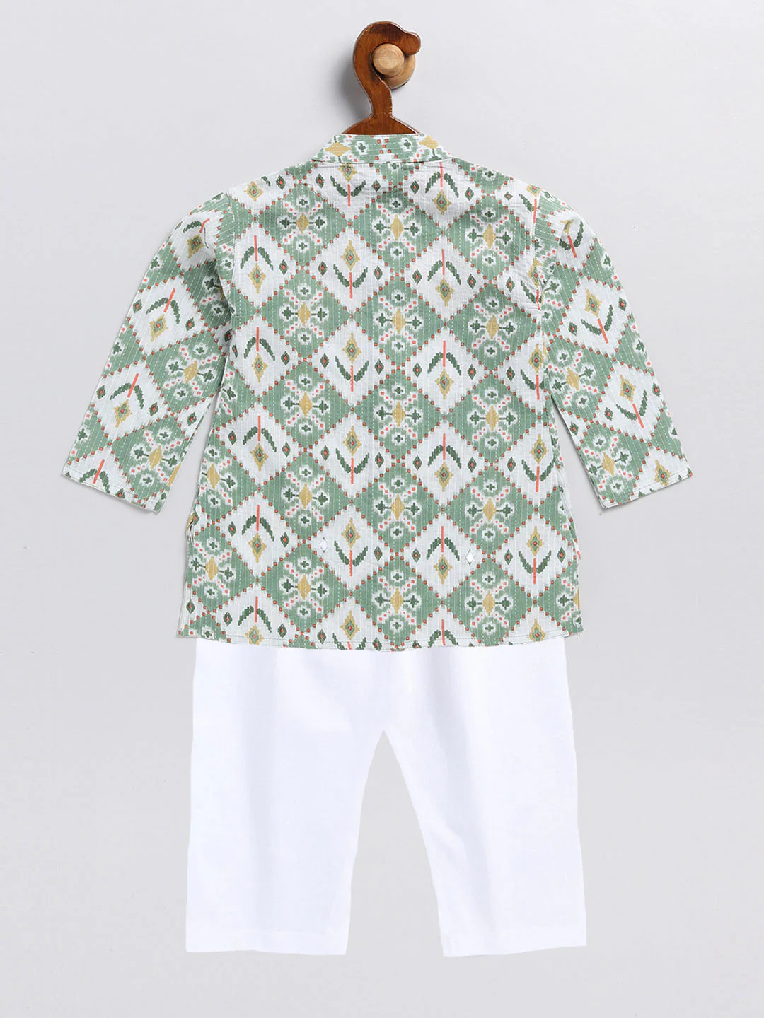 Sishu Boy's Green And White Printed Cotton Kurta Pyjama Set - Image 3