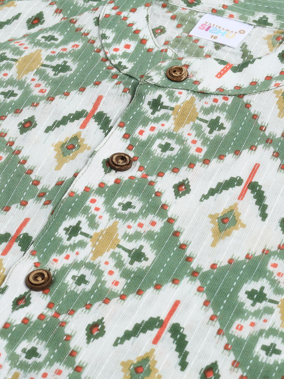 Sishu Boy's Green And White Printed Cotton Kurta Pyjama Set - Image 4