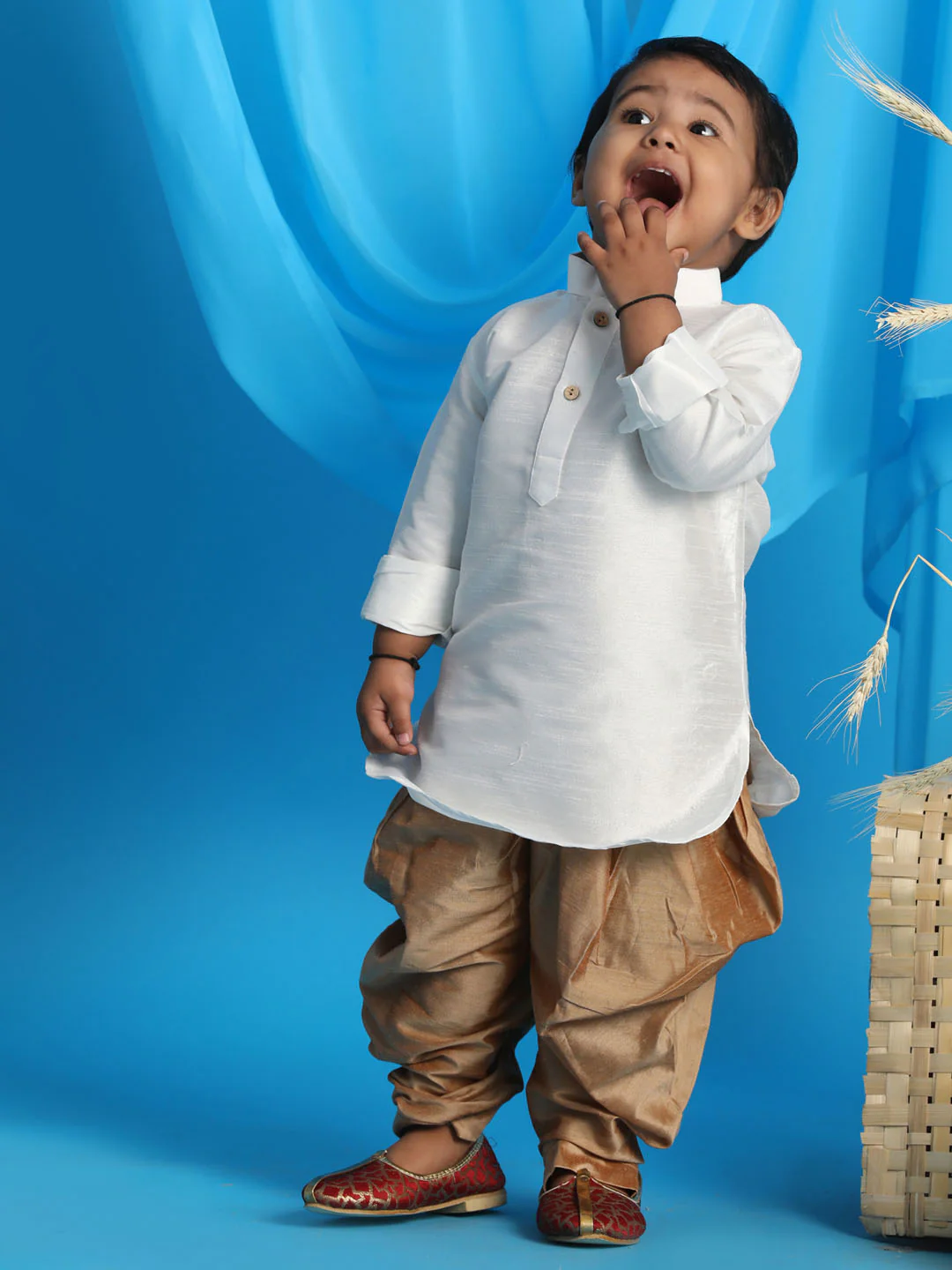 Sishu Boy's White & Rose Gold Kurta With Dhoti Pant Set - Image 2