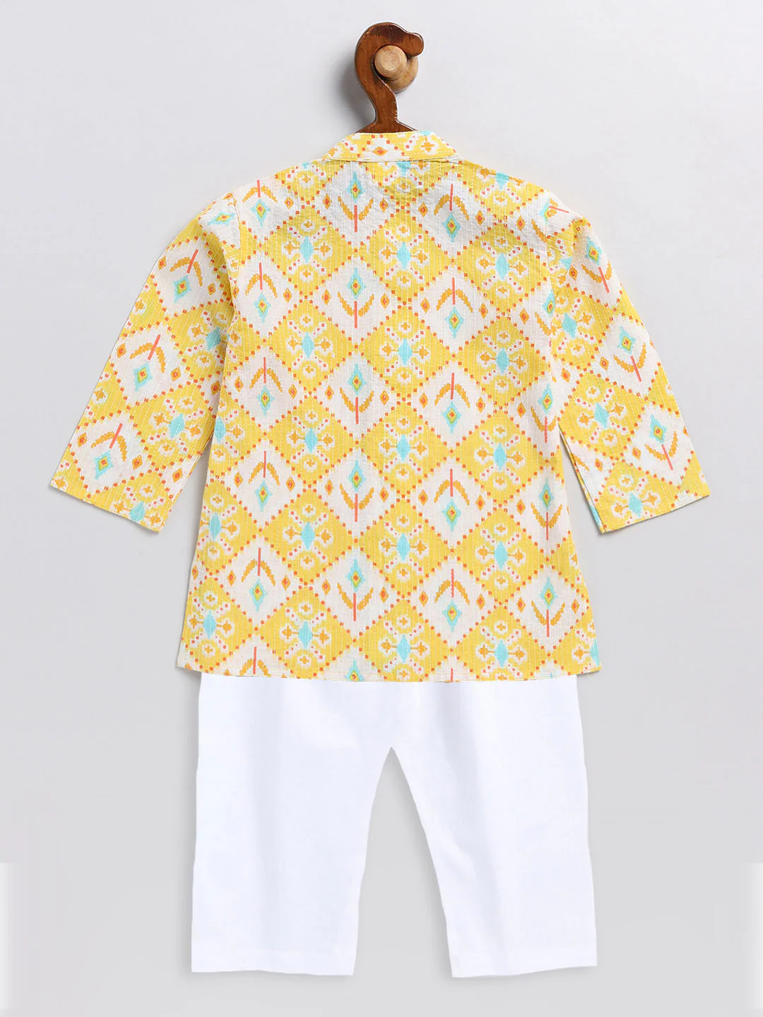Sishu Boy's Yellow And White Printed Cotton Kurta Pyjama Set - Image 3