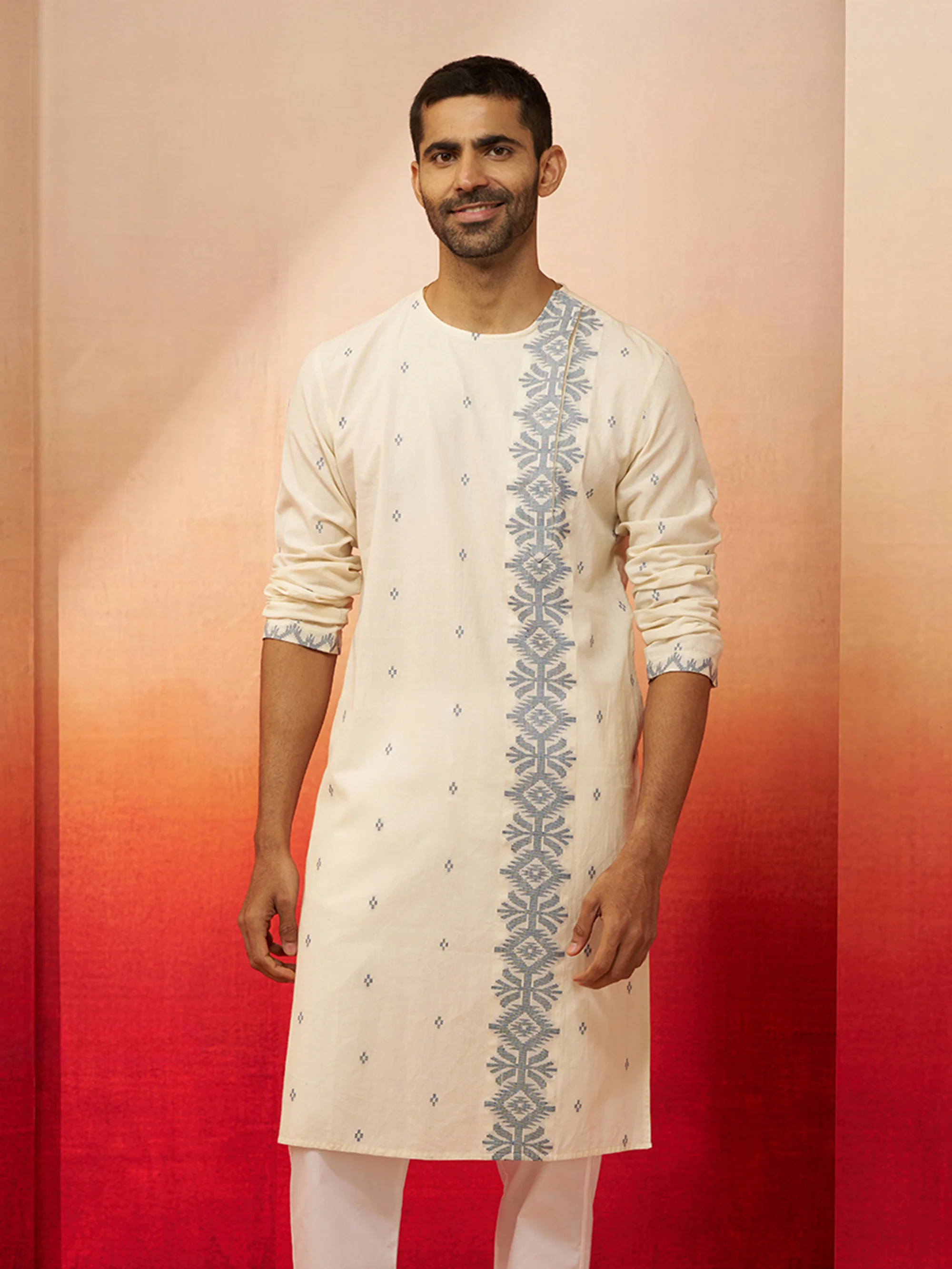 Men's White Blue Cotton Jamdani Kurta - Image 3