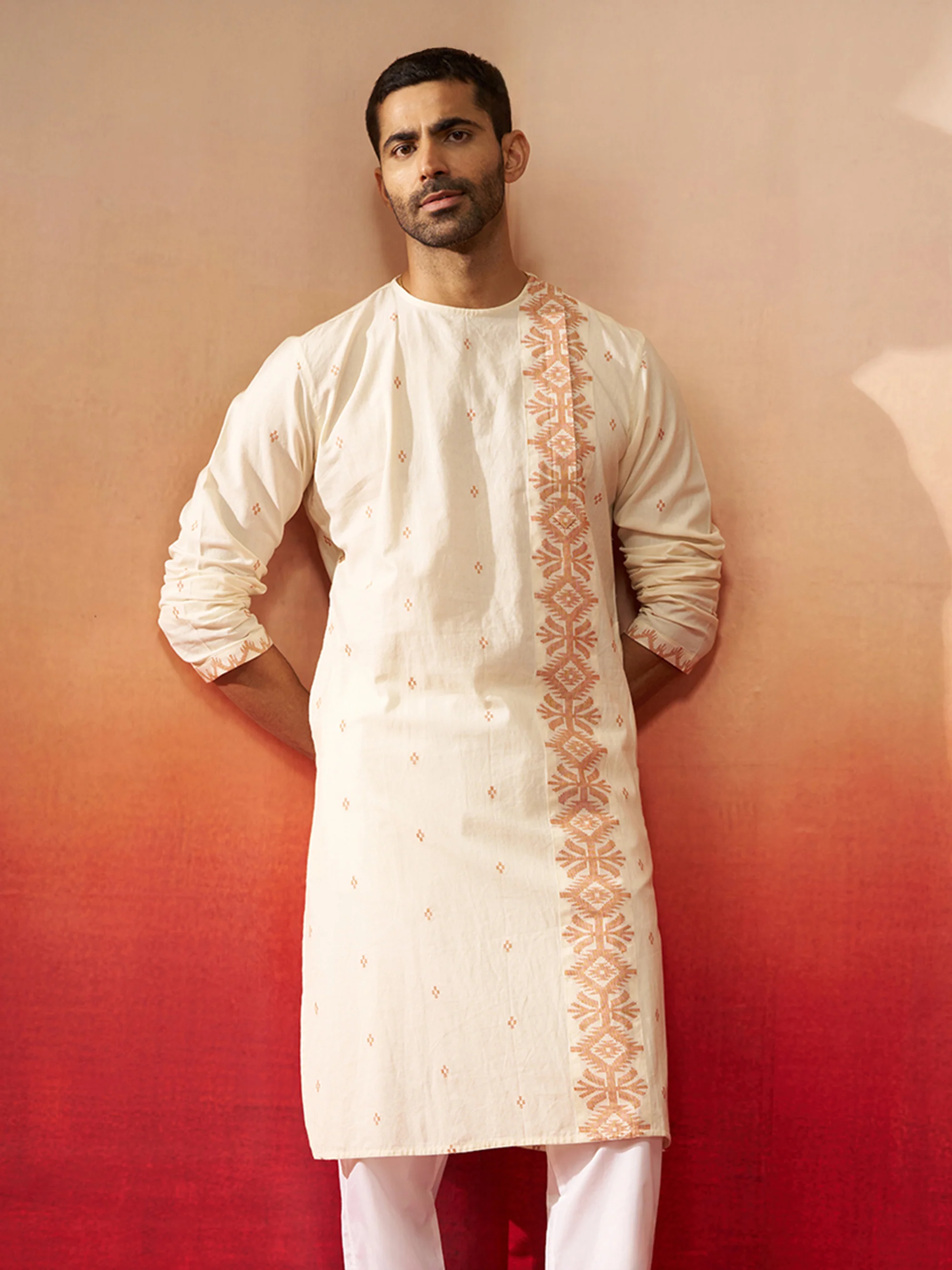 Men's White Rust Cotton Jamdani Kurta