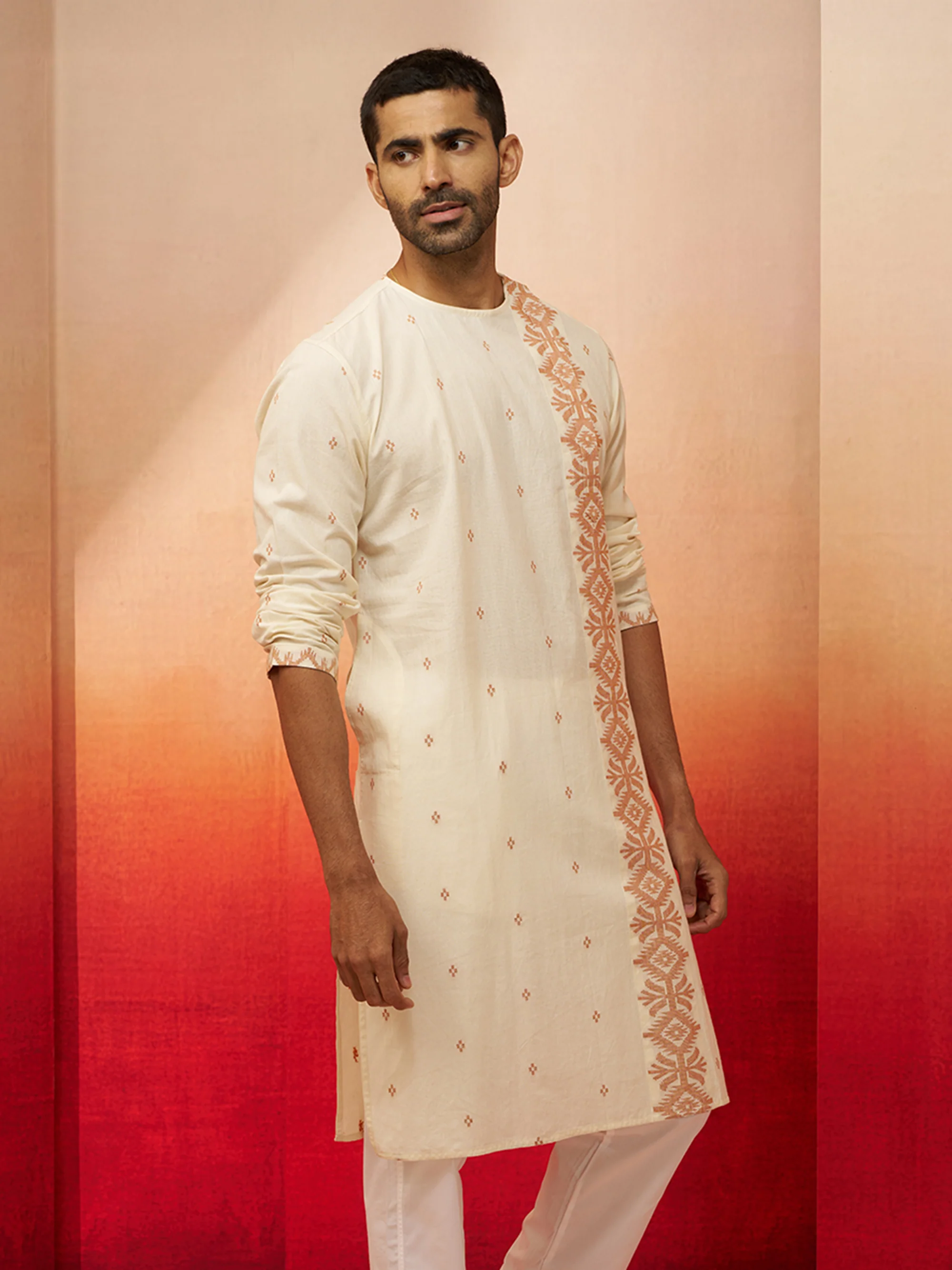 Men's White Rust Cotton Jamdani Kurta - Image 4
