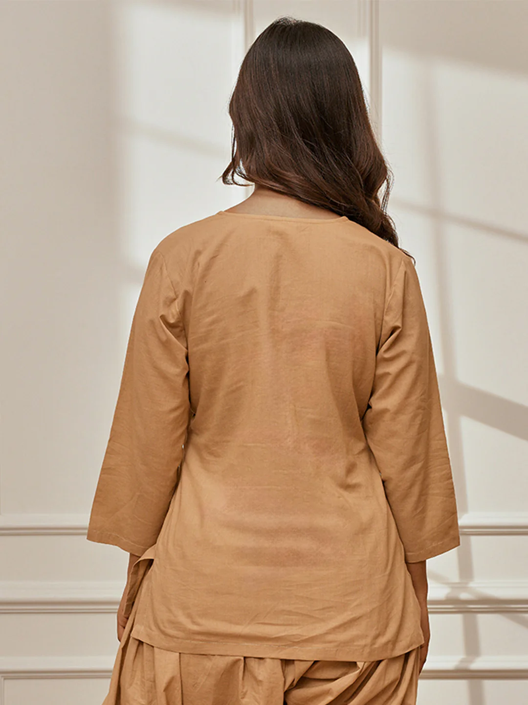 Women's Beige Cambric Cotton Round Neck Yoga Kurta - Image 4