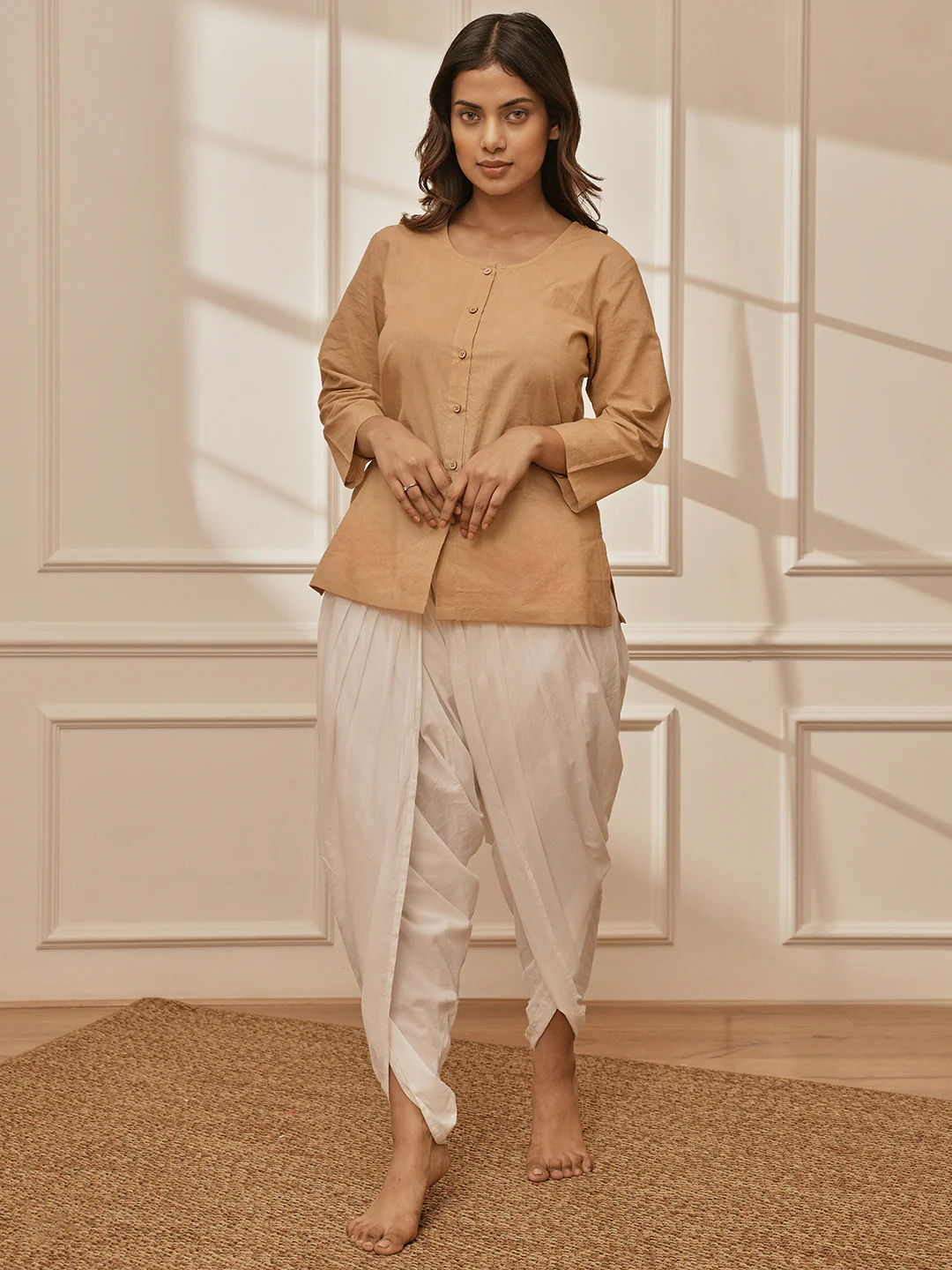 Women's Beige Cambric Cotton Shirt Style Kurta With White Cambric Dhoti Pants Yoga Set - Image 3