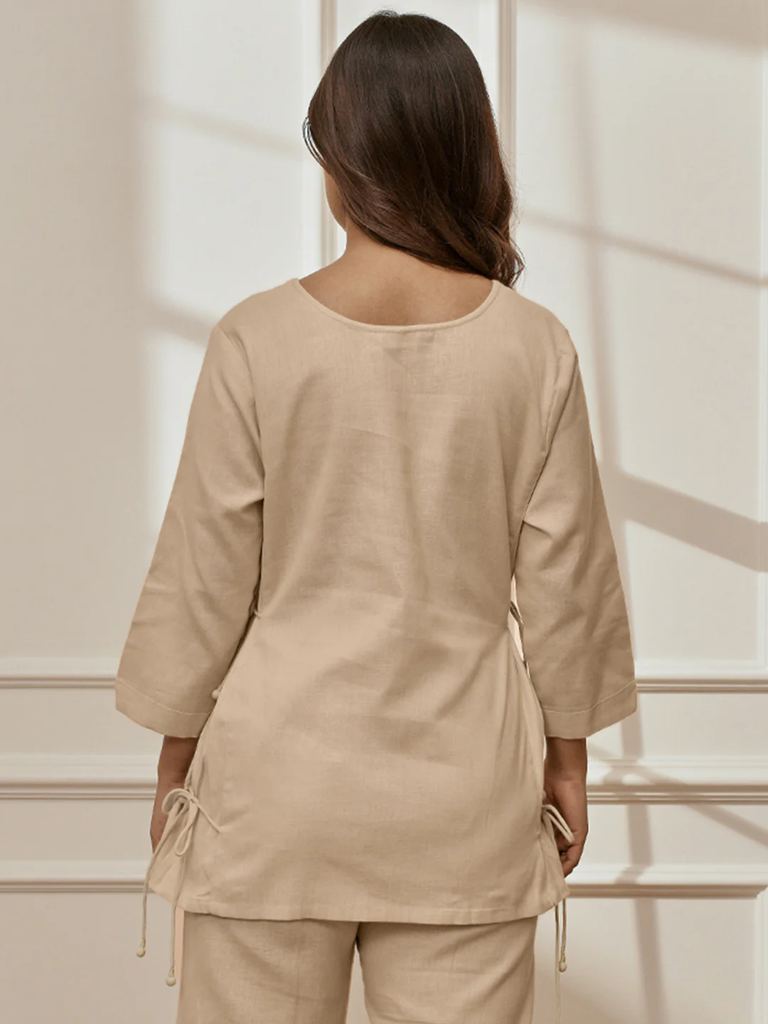 Women Beige Linen Cotton Round Neck Embroidered Yoga Top - Image 4