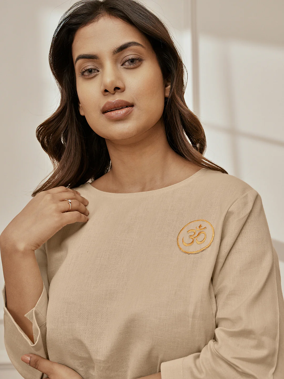 Women Beige Linen Cotton Three-Quarter Sleeves Top with Matching Straight Pants Yoga Set - Image 2