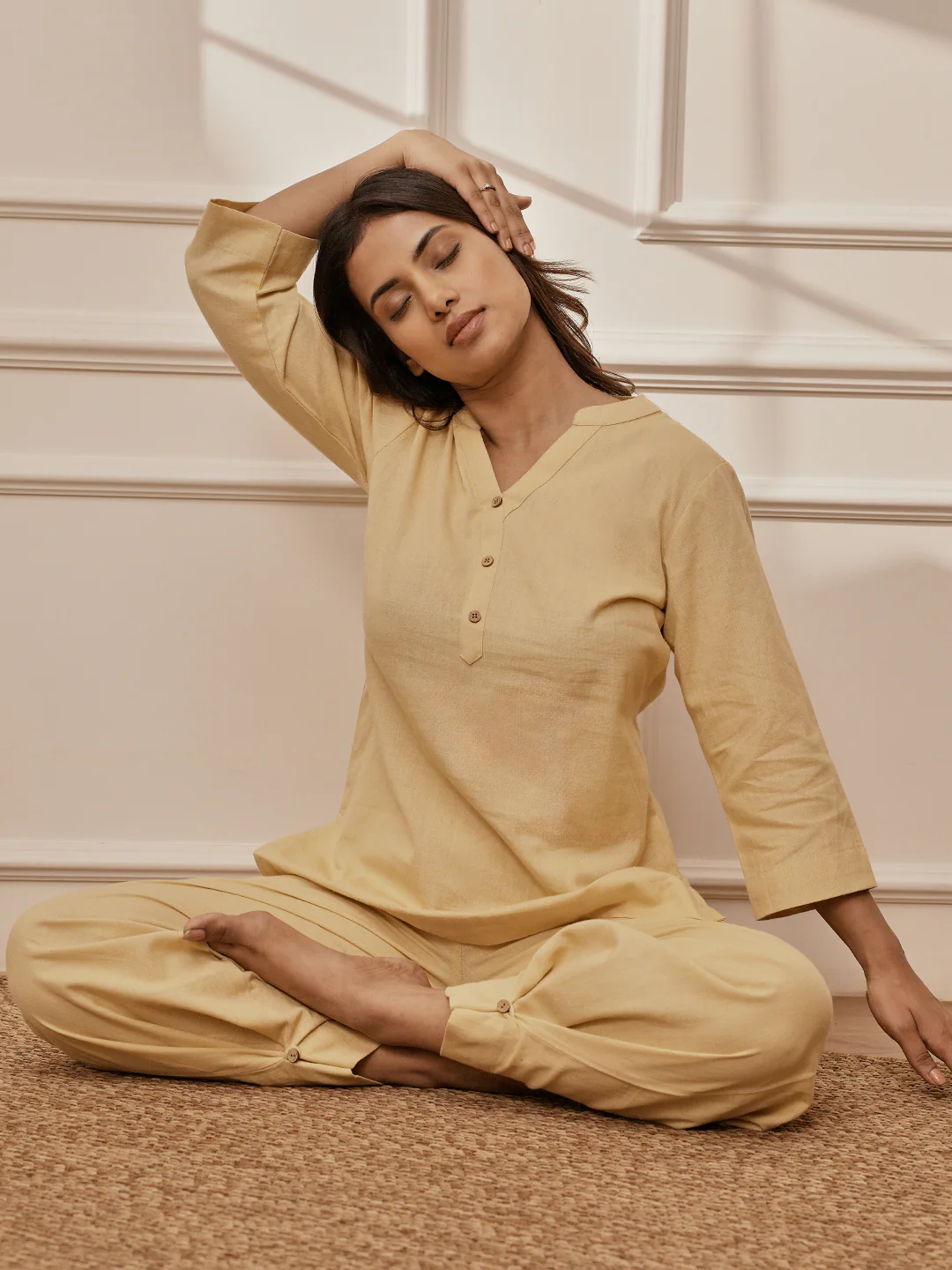 Women's Chiku Cotton Linen Band Collar Yoga Kurta - Image 5