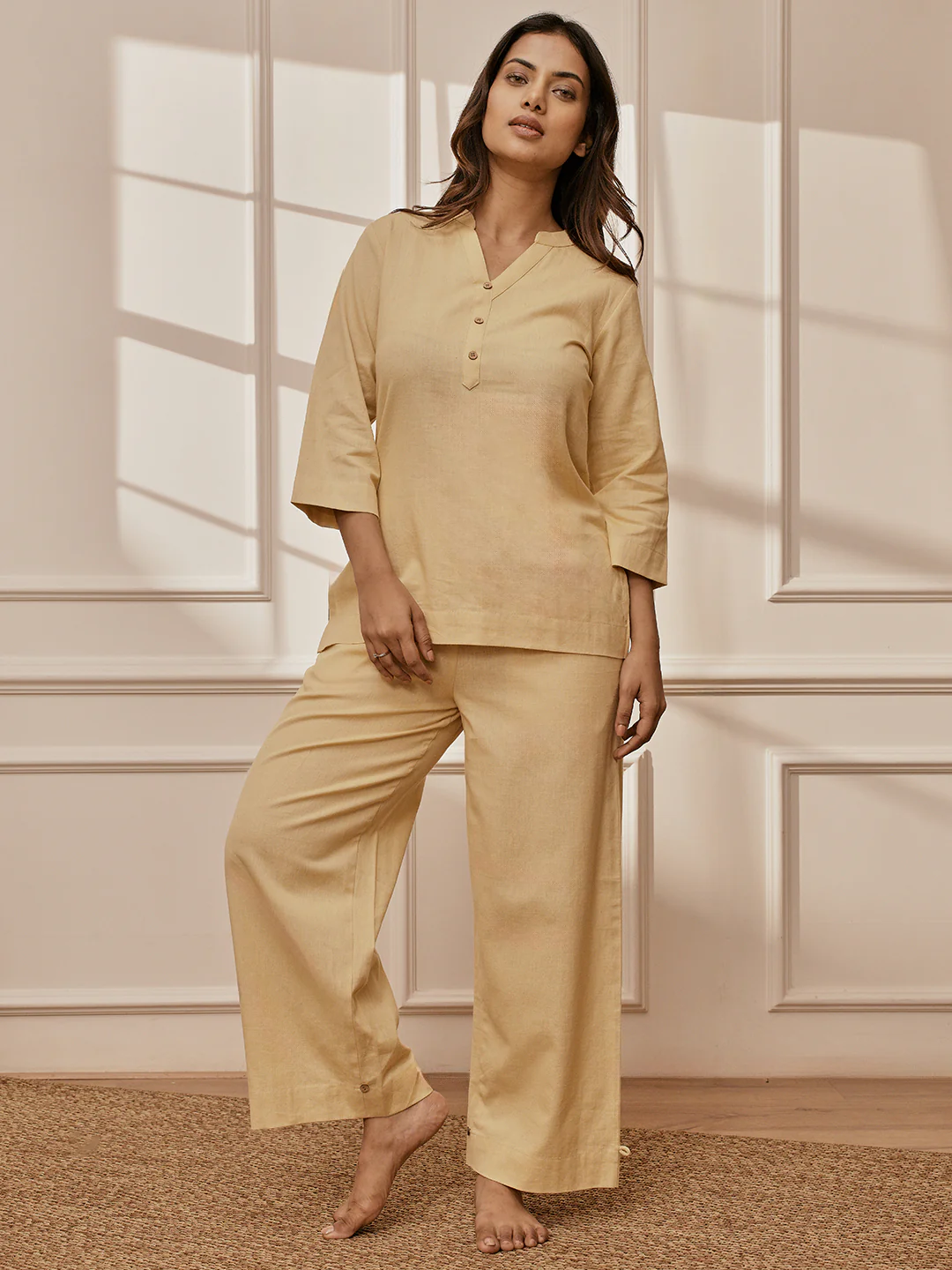 Women Chiku Cotton Linen Three-Quarter Sleeves Yoga Kurta with Straight Pants - Image 3