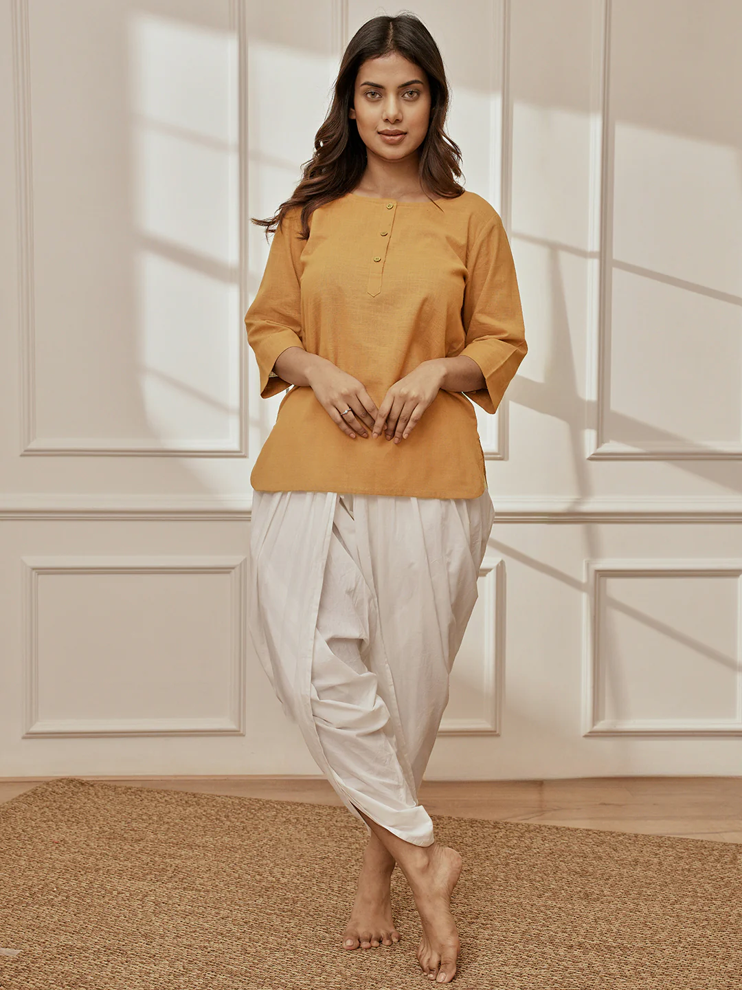 Women's Dusty Saffron Linen Cotton Kurta With White Cambric Dhoti Pants Yoga Set - Image 3
