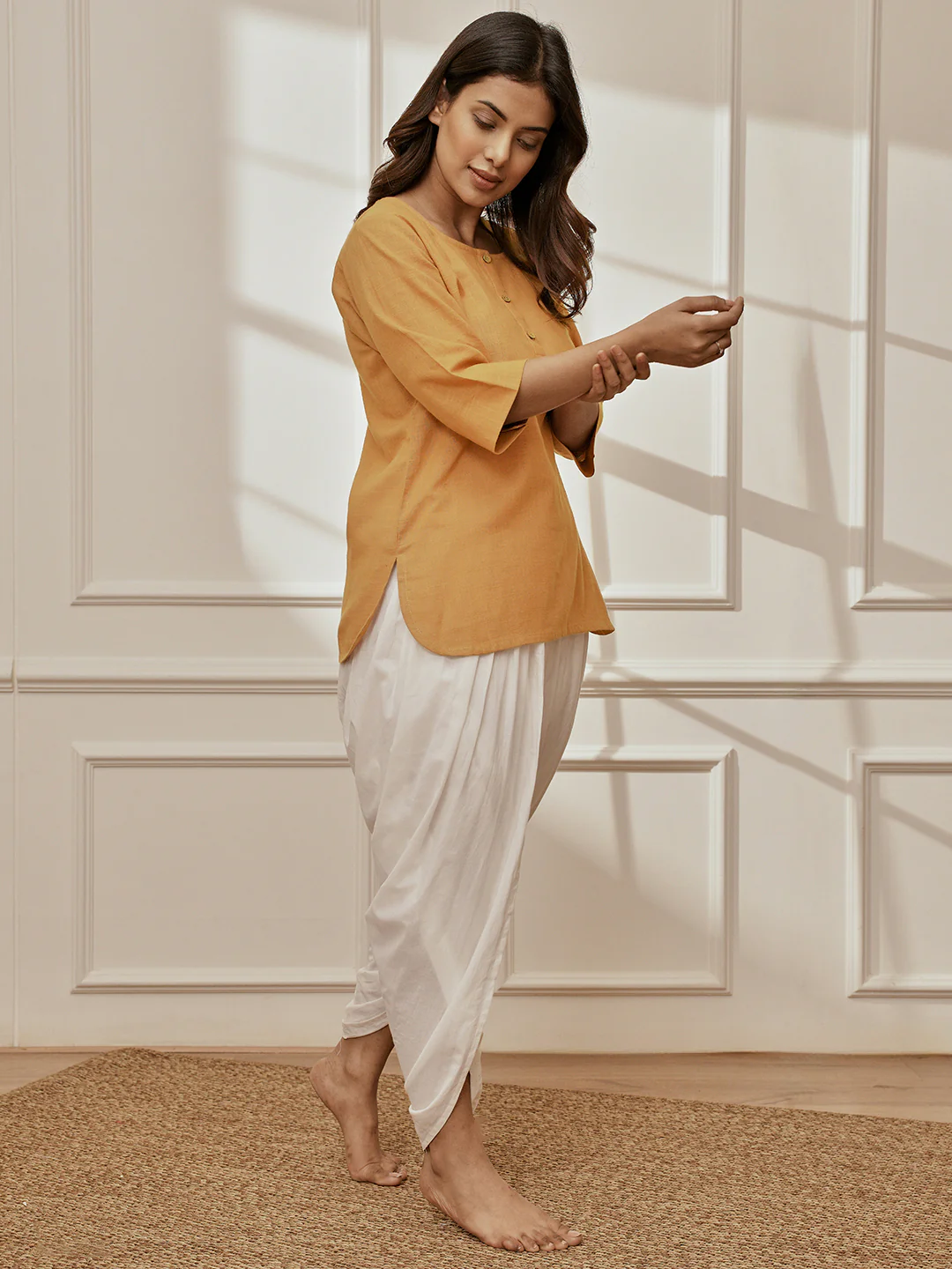 Women's Dusty Saffron Linen Cotton Kurta With White Cambric Dhoti Pants Yoga Set - Image 4