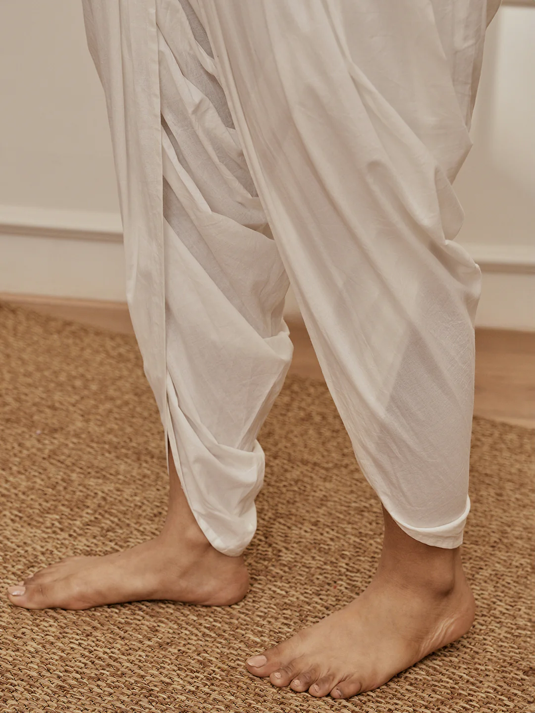 Women's Dusty Saffron Linen Cotton Kurta With White Cambric Dhoti Pants Yoga Set - Image 6