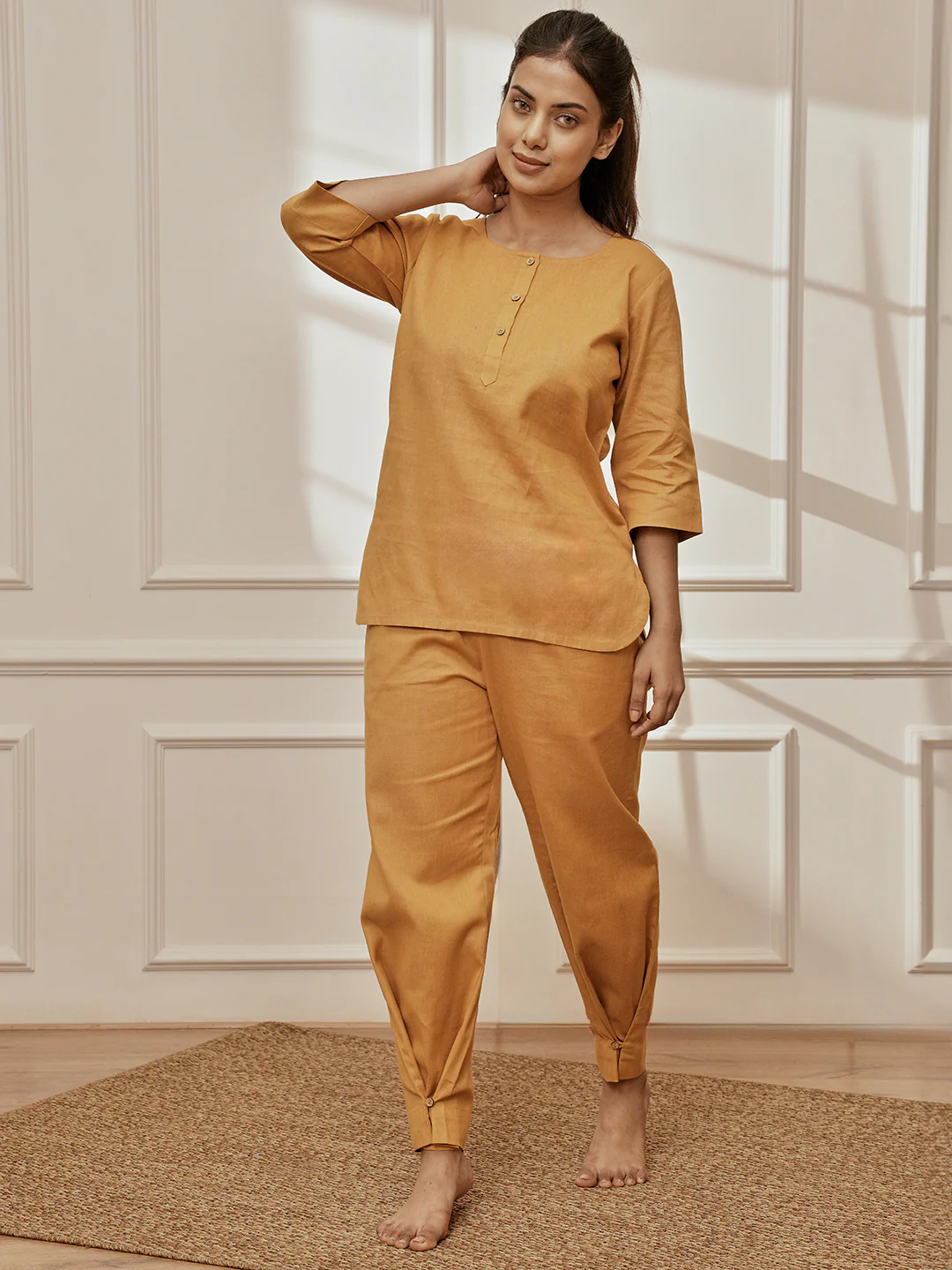 Women's Dusty Saffron Linen Cotton Three-Quarter Sleeves Kurta With Matching Straight Pants - Image 3