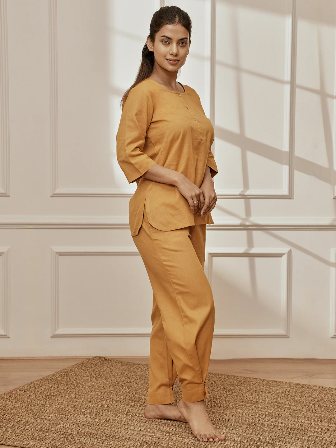 Women's Dusty Saffron Linen Cotton Three-Quarter Sleeves Kurta With Matching Straight Pants - Image 4