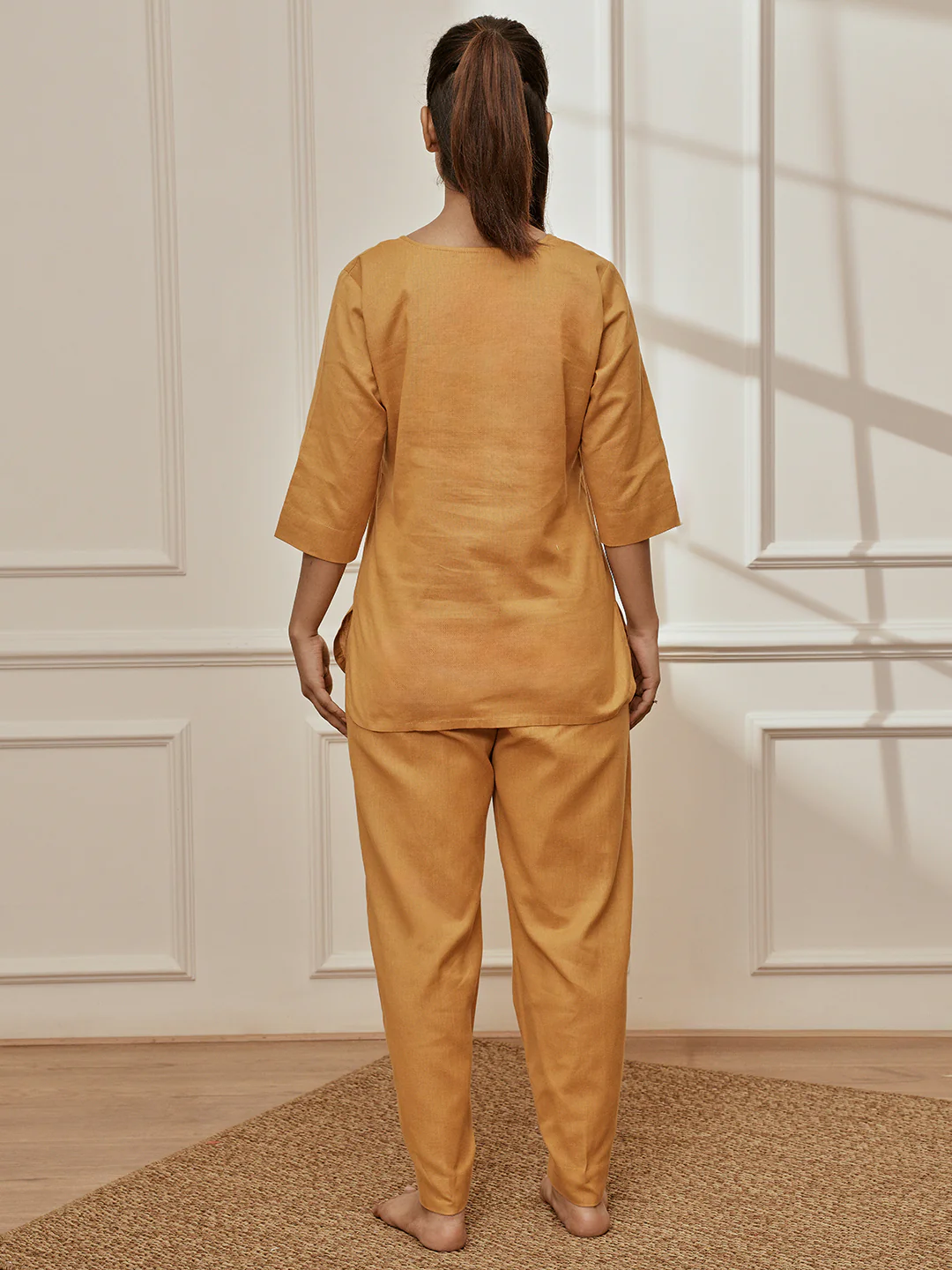 Women's Dusty Saffron Linen Cotton Three-Quarter Sleeves Kurta With Matching Straight Pants - Image 5
