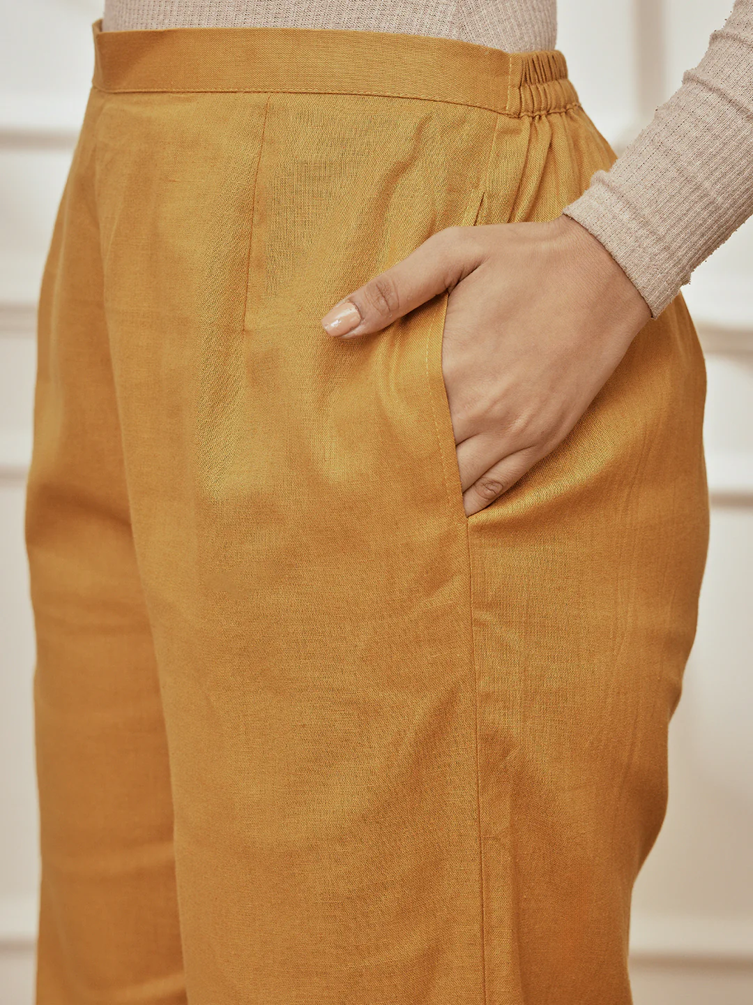 Women's Dusty Saffron Linen Cotton Three-Quarter Sleeves Kurta With Matching Straight Pants - Image 6