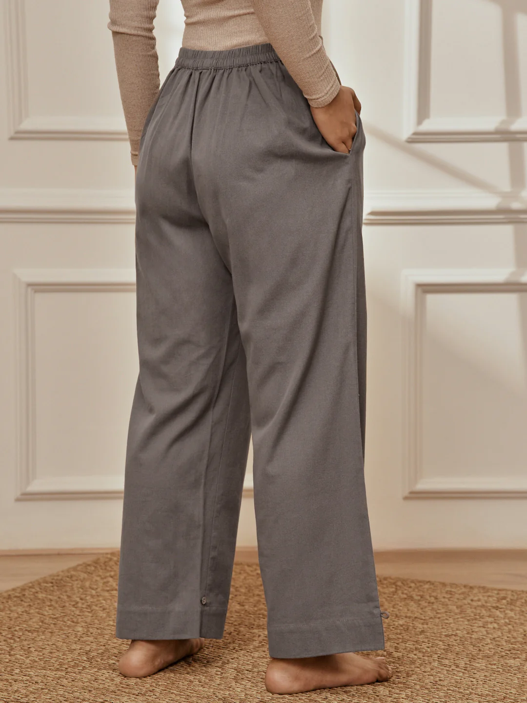 Women's Grey Cotton Linen Straight Yoga Pants - Image 3