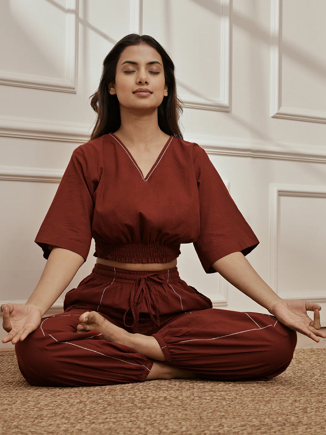 Women's Maroon Cambric Cotton V-Neck Crop Yoga Top - Image 5