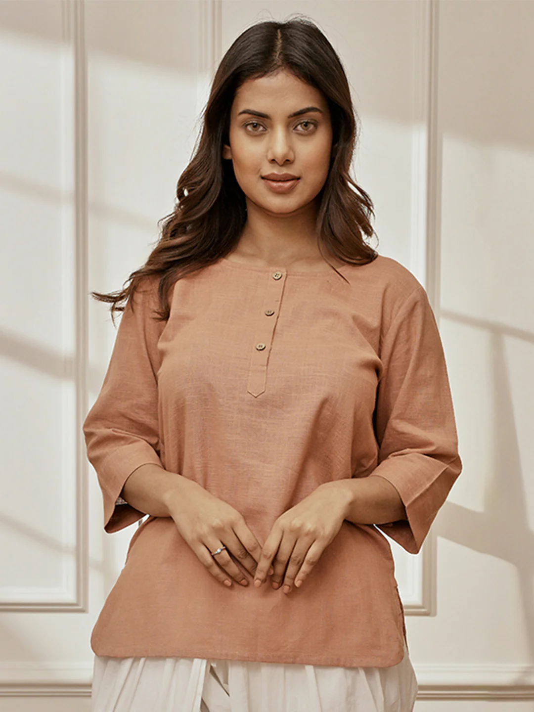 Women Rose Pink Cotton Linen Round Neck Yoga Kurta
