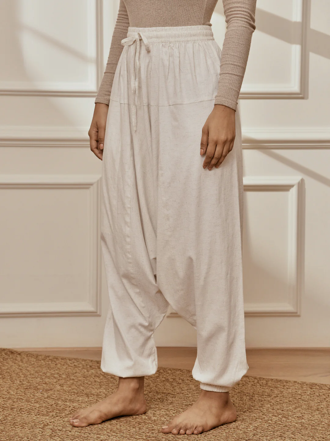 Women's White Cotton Lycra Harem Yoga Pants - Image 2