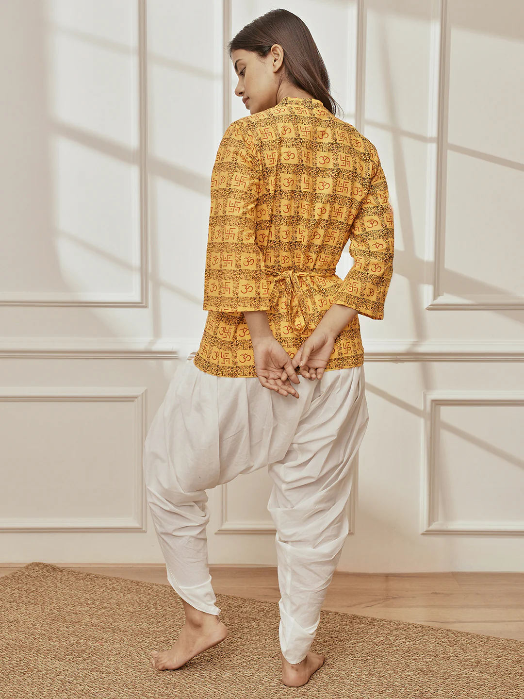 Women Yellow Printed Wrap Top with White Dhoti Pant - Image 5