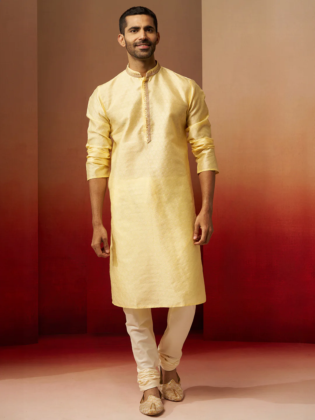 Men Yellow Silk Anmol Jacquard Kurta - Image 5