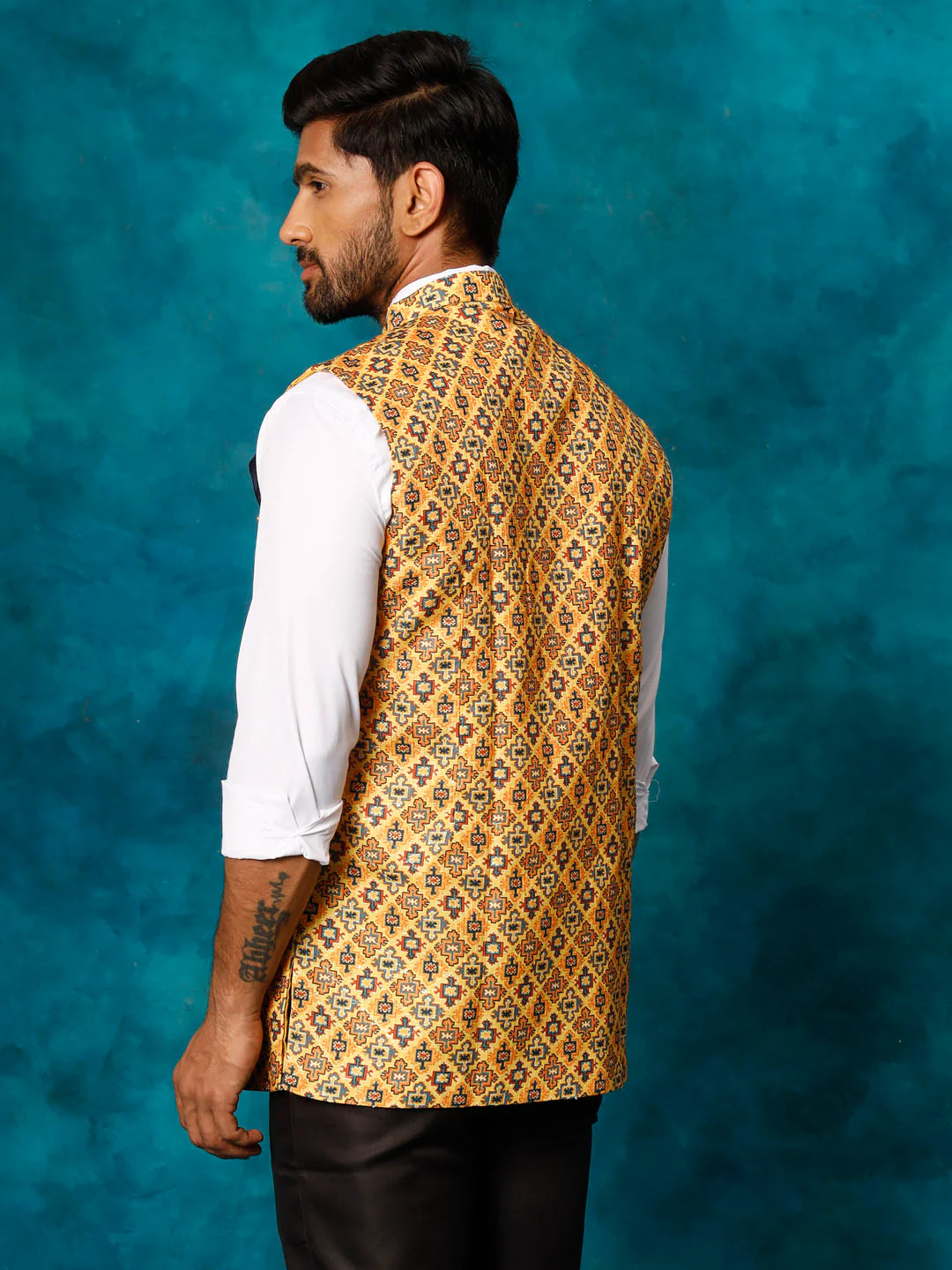Yellow Geometric Print Embellished Nehru Jacket - Image 3