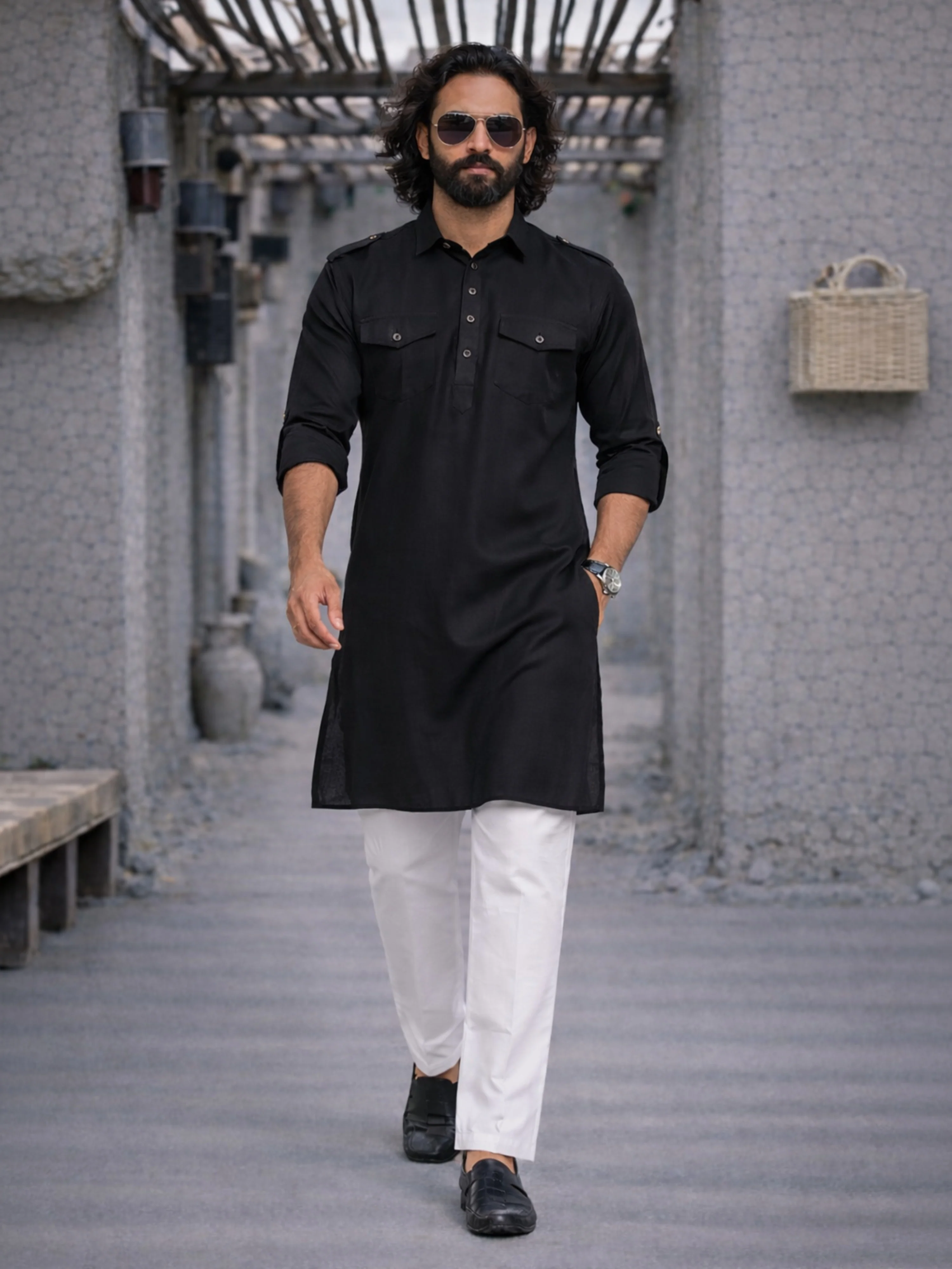 Men's Black And White Cotton Blend Pathani Suit Set - Image 2