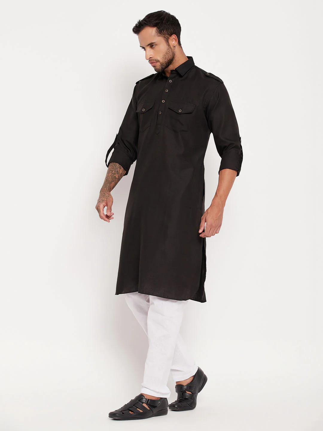 Men's Black And White Cotton Blend Pathani Suit Set - Image 3
