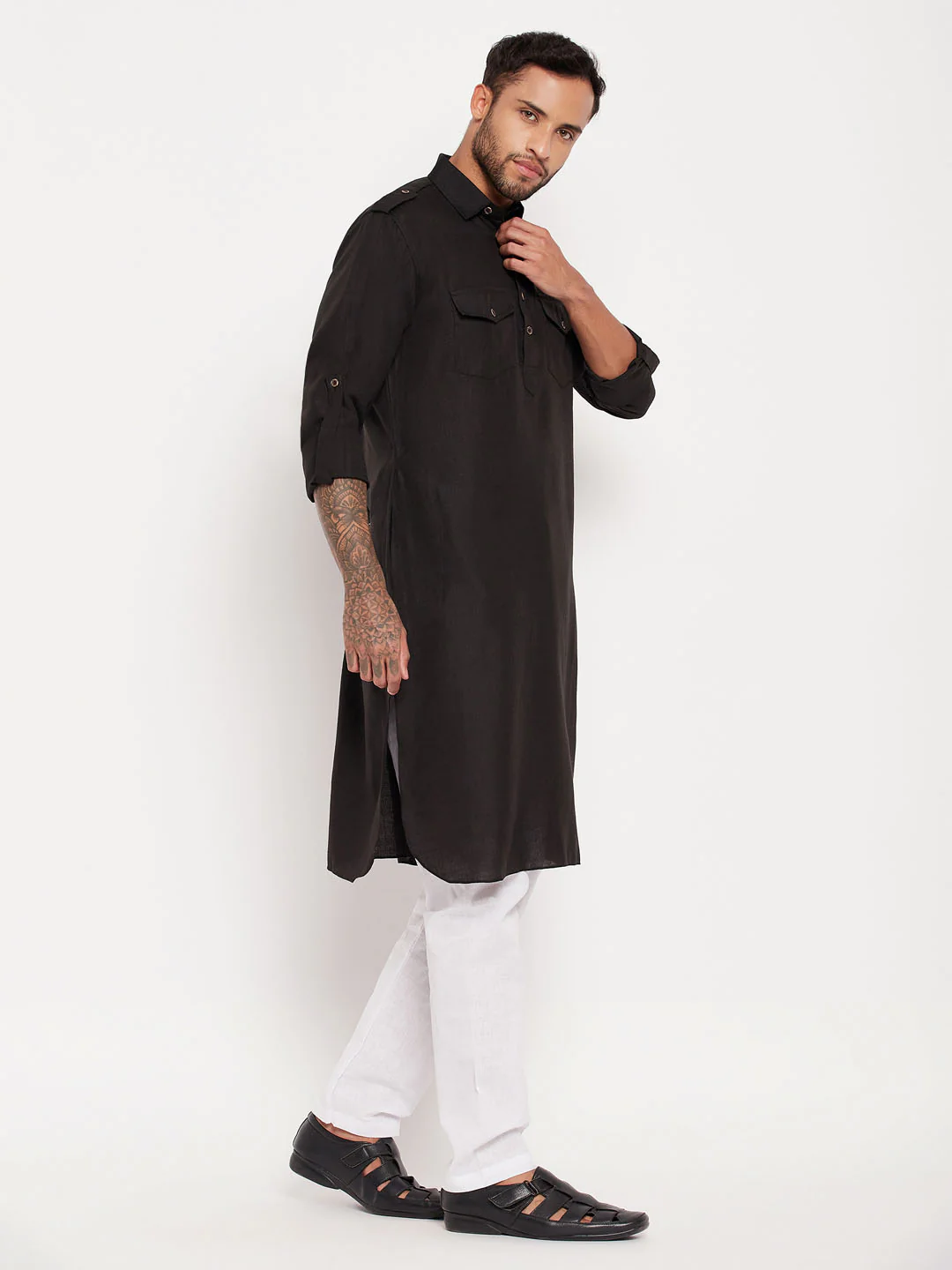 Men's Black And White Cotton Blend Pathani Suit Set - Image 8