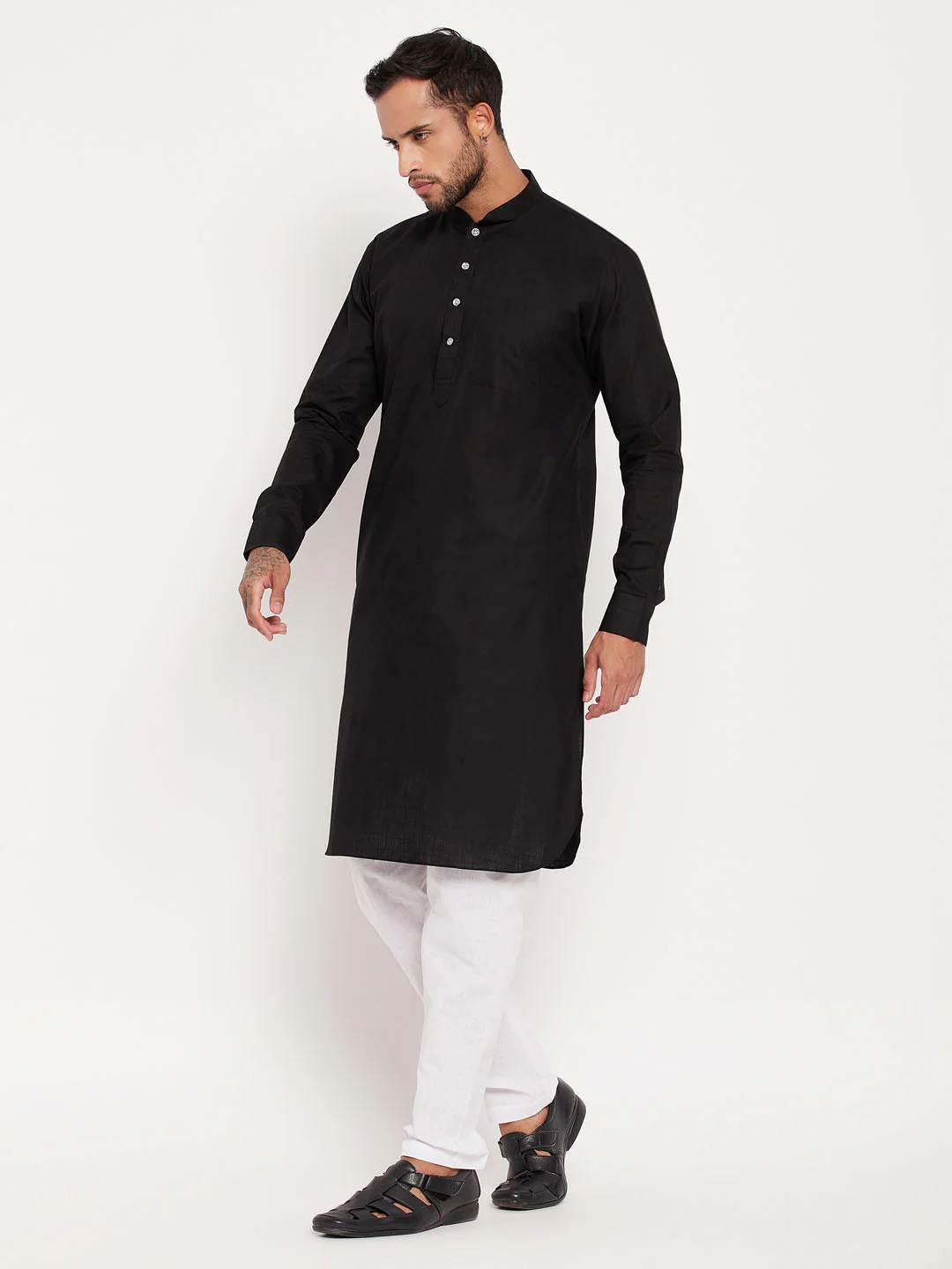 Men's Black And White Cotton Blend Pathani Suit Set - Image 2