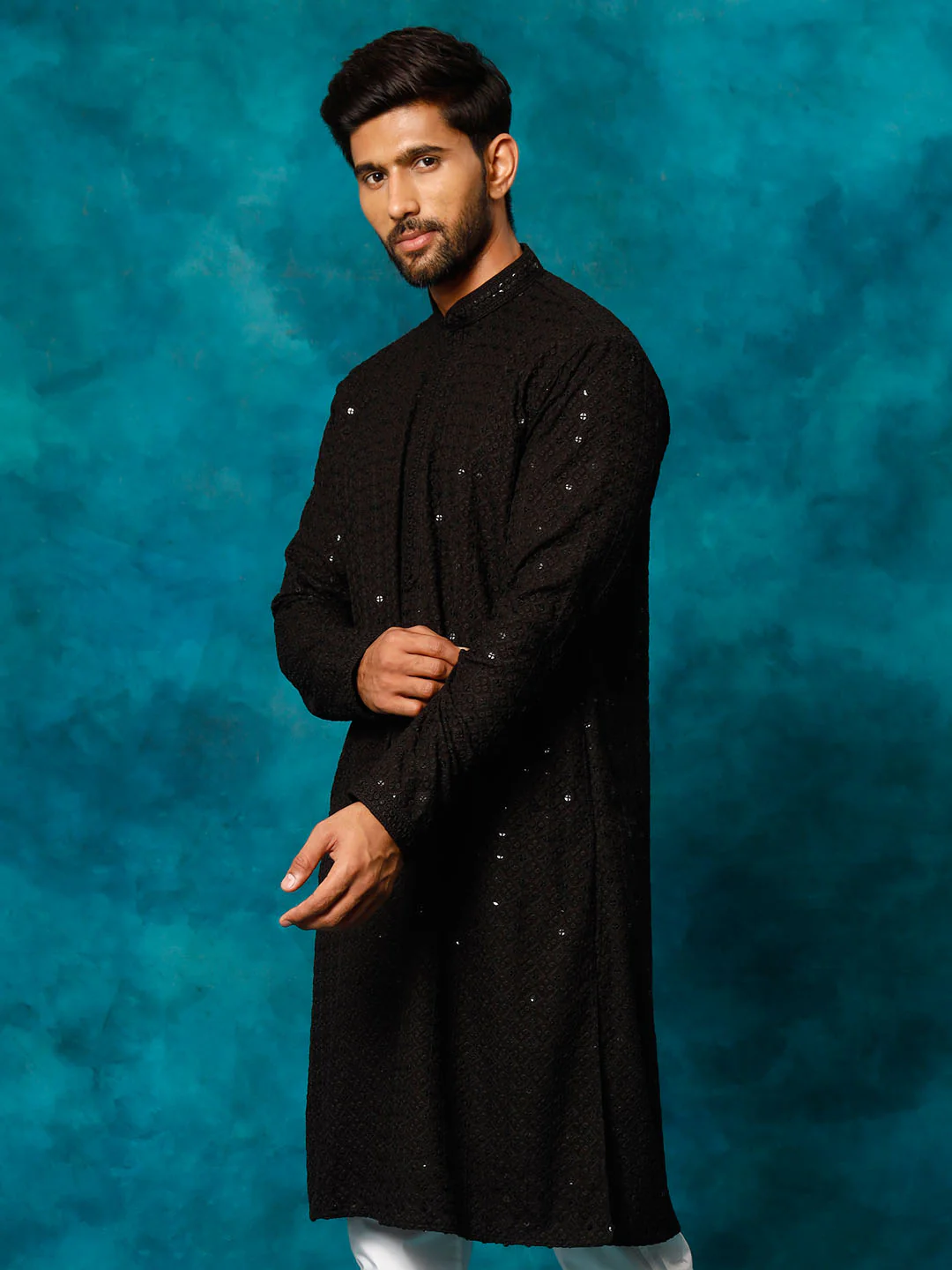 Men's Black Rayon Schiffli Kurta - Image 2