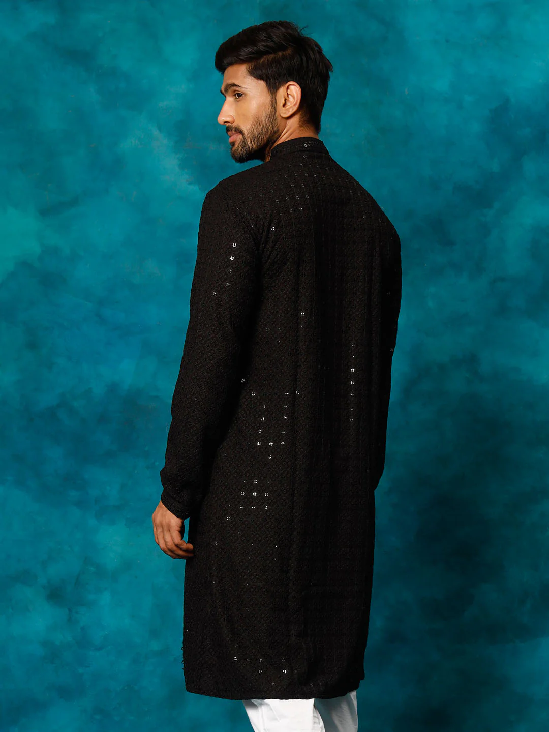 Men's Black Rayon Schiffli Kurta - Image 3