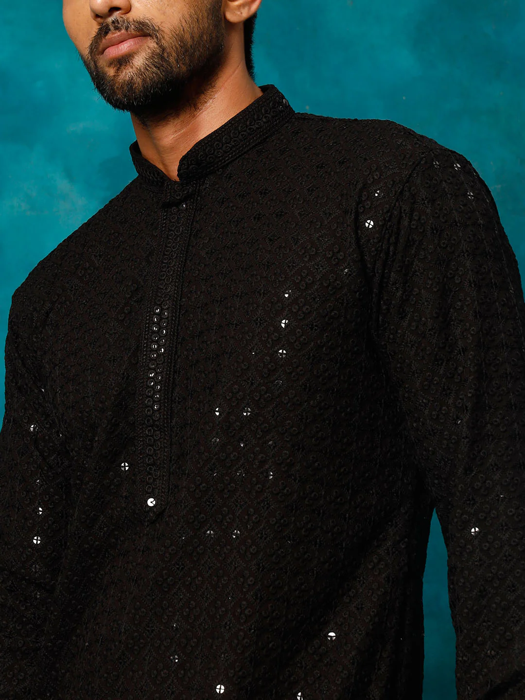 Men's Black Rayon Schiffli Kurta - Image 4