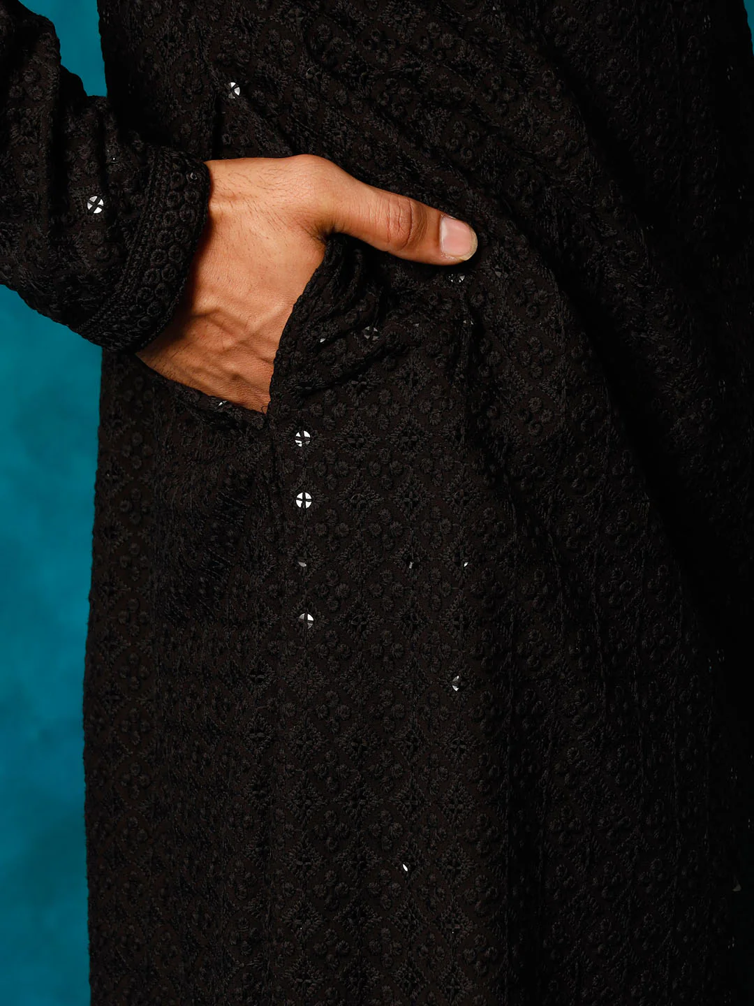 Men's Black Rayon Schiffli Kurta - Image 5