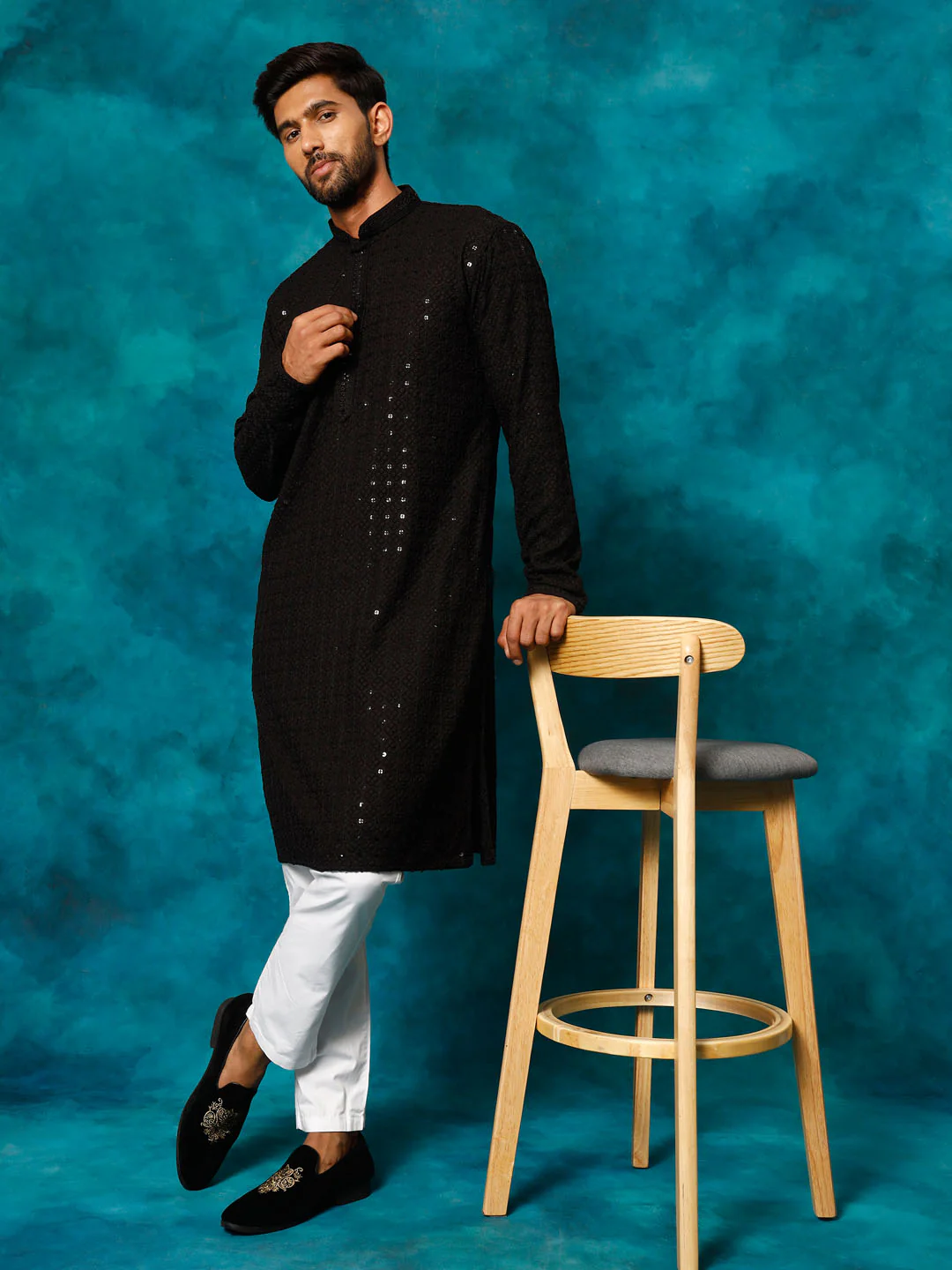 Men's Black Rayon Schiffli Kurta - Image 6