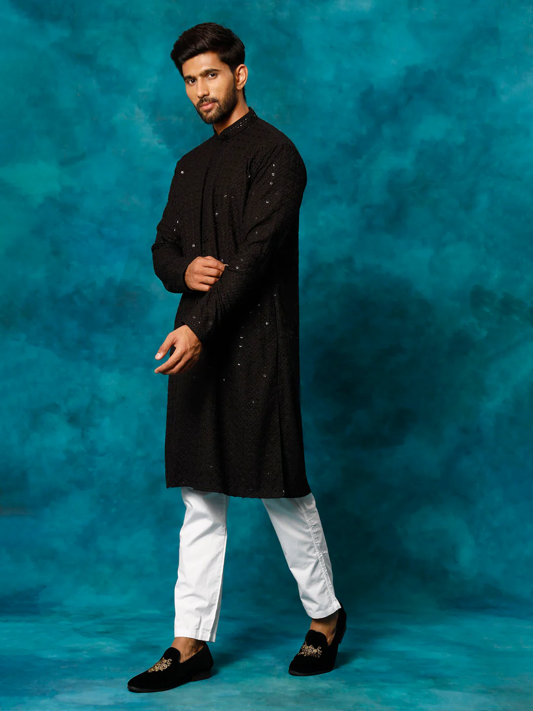 Men's Black Rayon Schiffli Kurta And Pant Set - Image 2