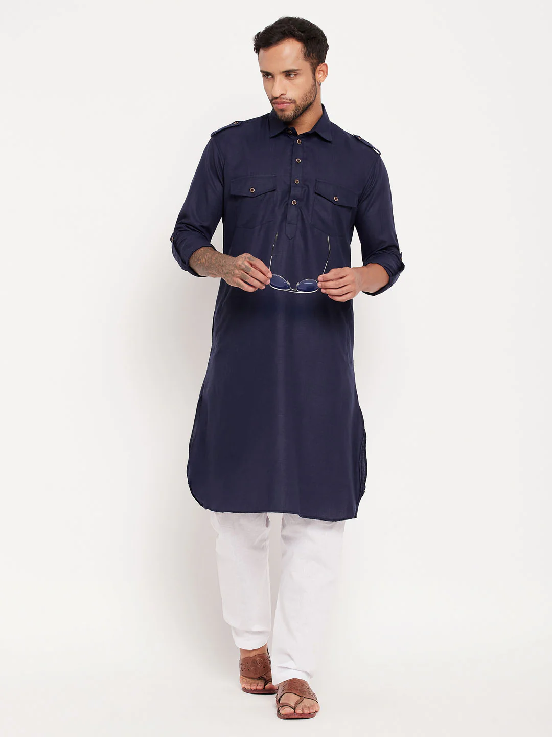 Men's Blue And White Cotton Blend Pathani Suit Set - Image 6