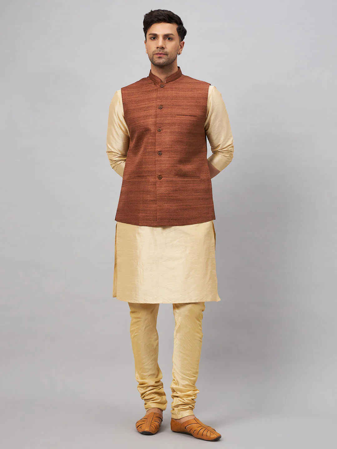 Men's Coffee Jacket With Gold Kurta And Pyjama Set - Image 8