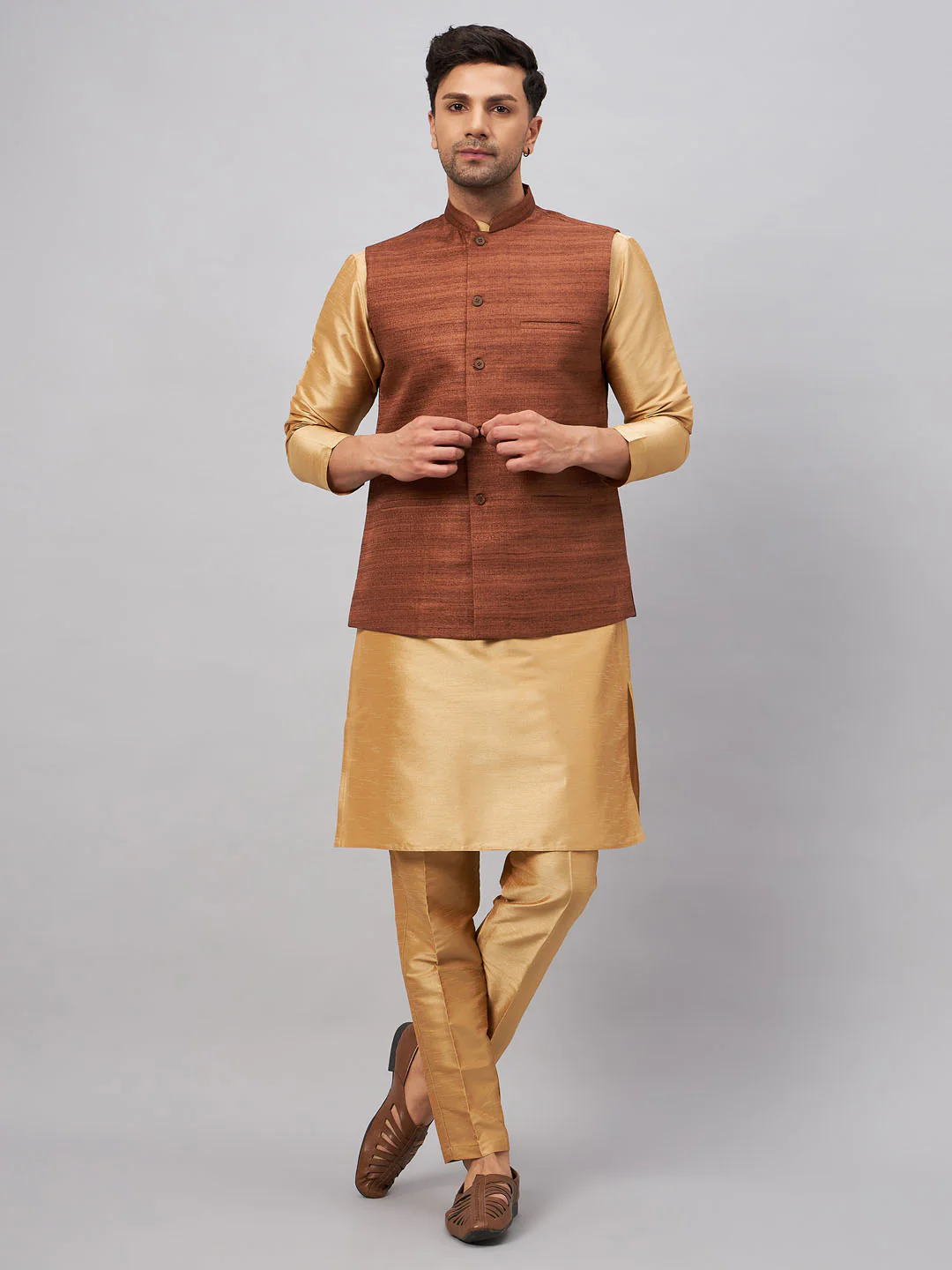 Men's Coffee Jacket With Rose Gold Kurta And Pant Set - Image 7