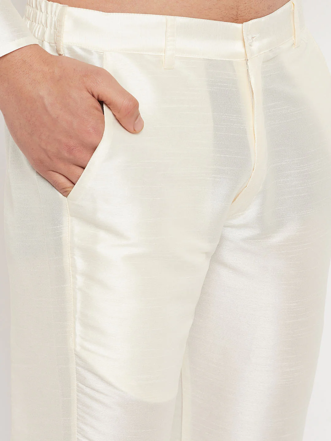Men's Cream Silk Blend Jacket With Kurta Pant Set - Image 5