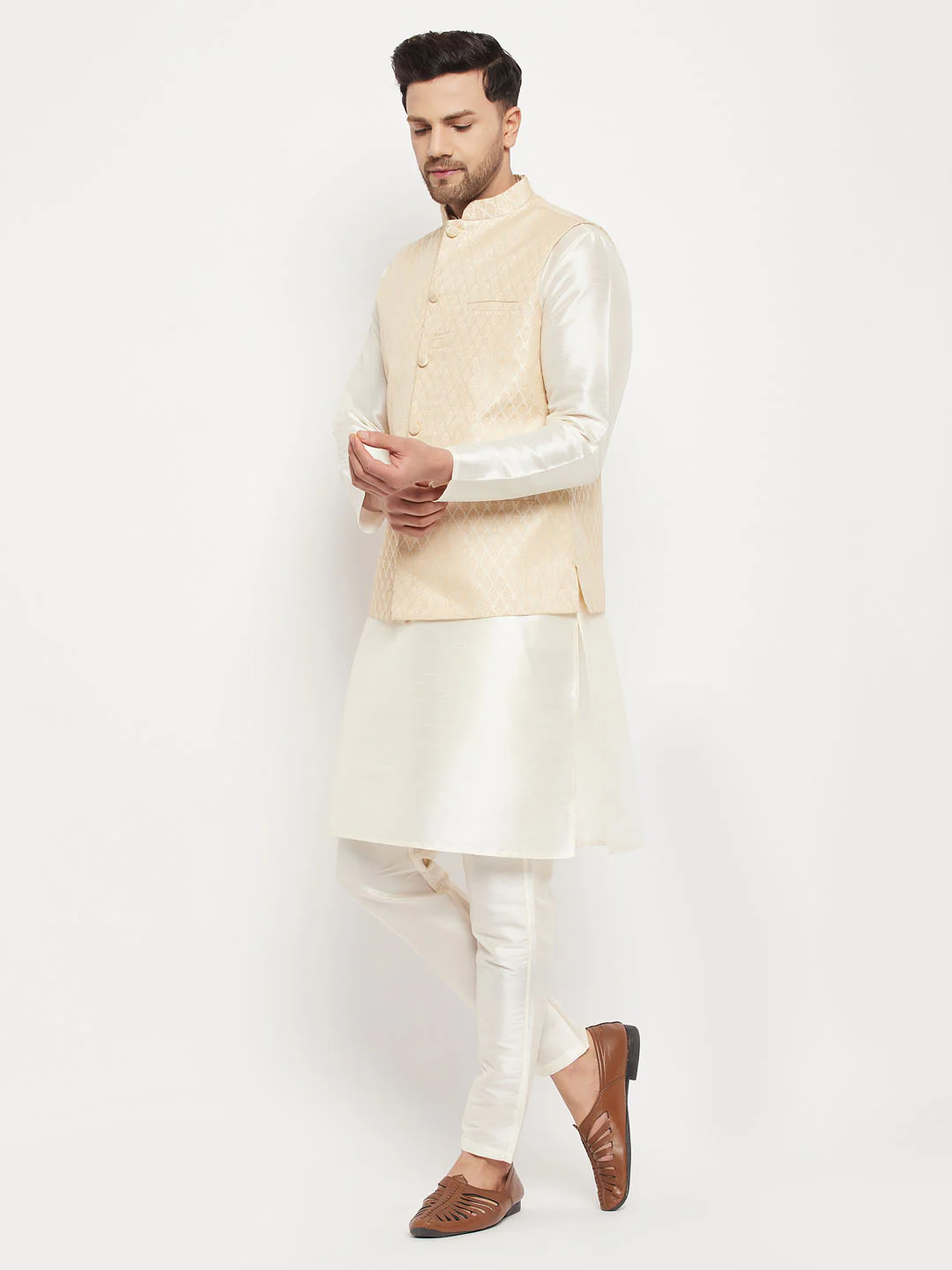Men's Cream Silk Blend Jacket With Kurta Pant Set - Image 7