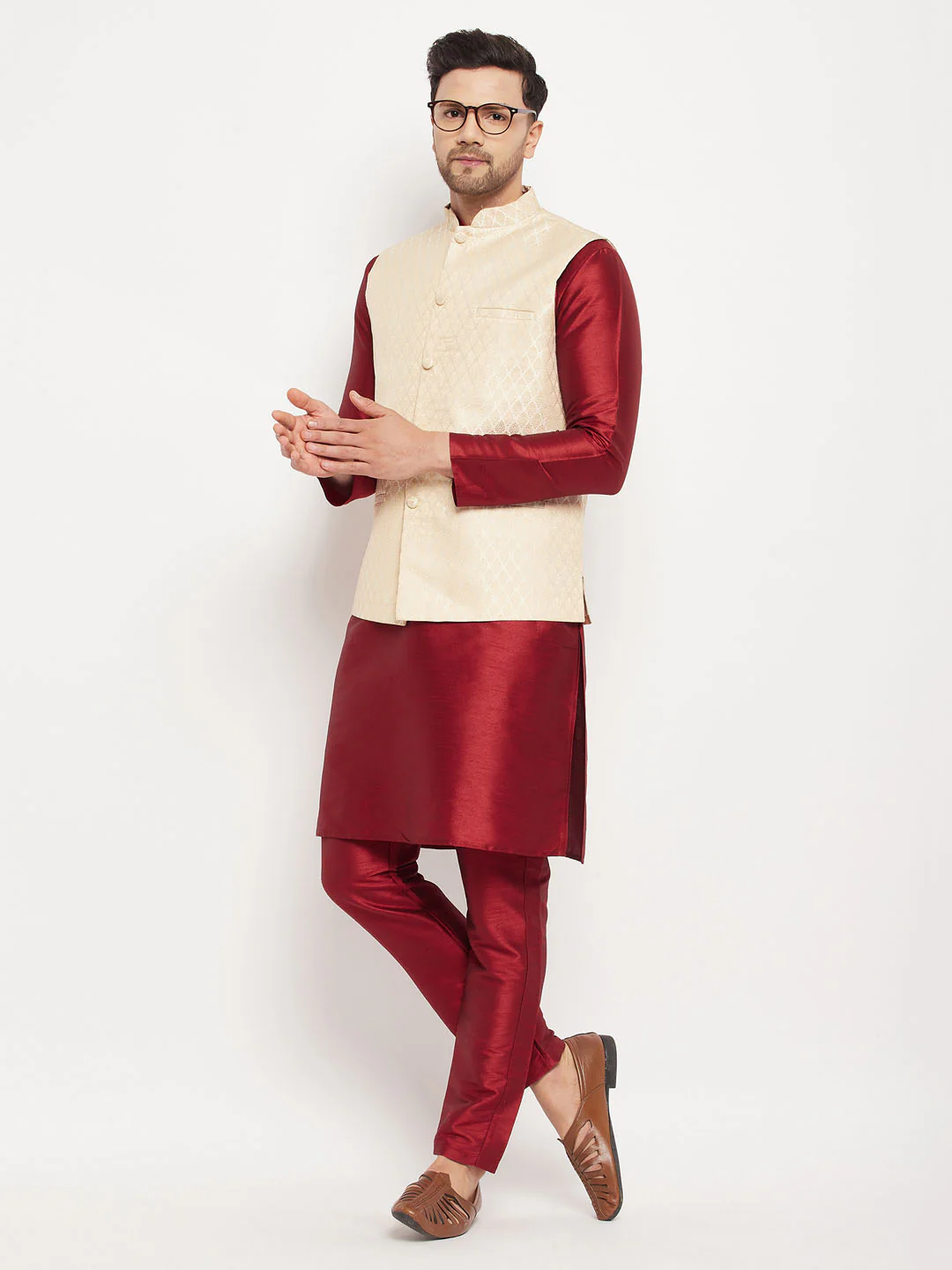 Men's Cream Silk Blend Jacket With Kurta Pant Set - Image 6