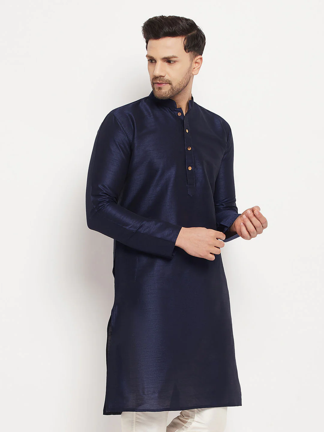 VASTRAMAY Men's Dark Blue Cotton Silk Blend Kurta - Image 2