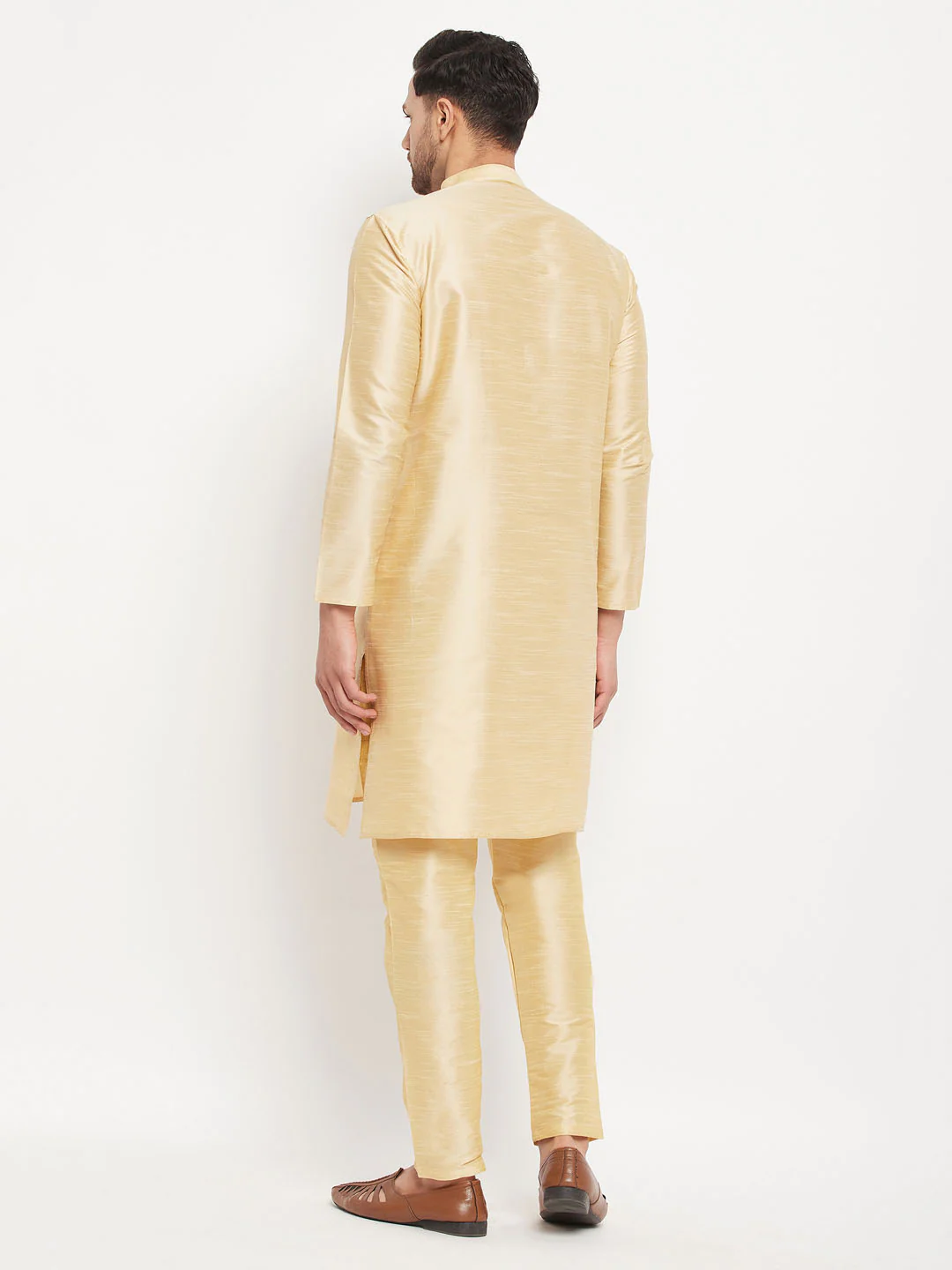 Men's Gold Cotton Silk Blend Kurta And Gold Pant Style Pyjama Set - Image 3