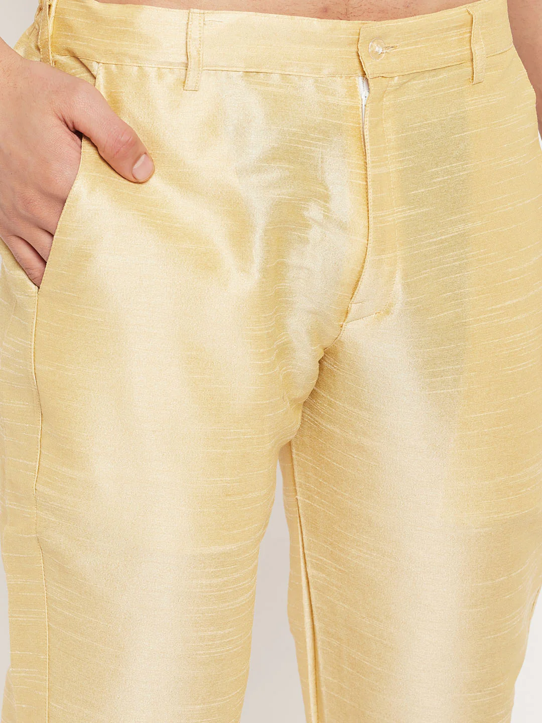 Men's Gold Cotton Silk Blend Kurta And Gold Pant Style Pyjama Set With Dupatta - Image 5