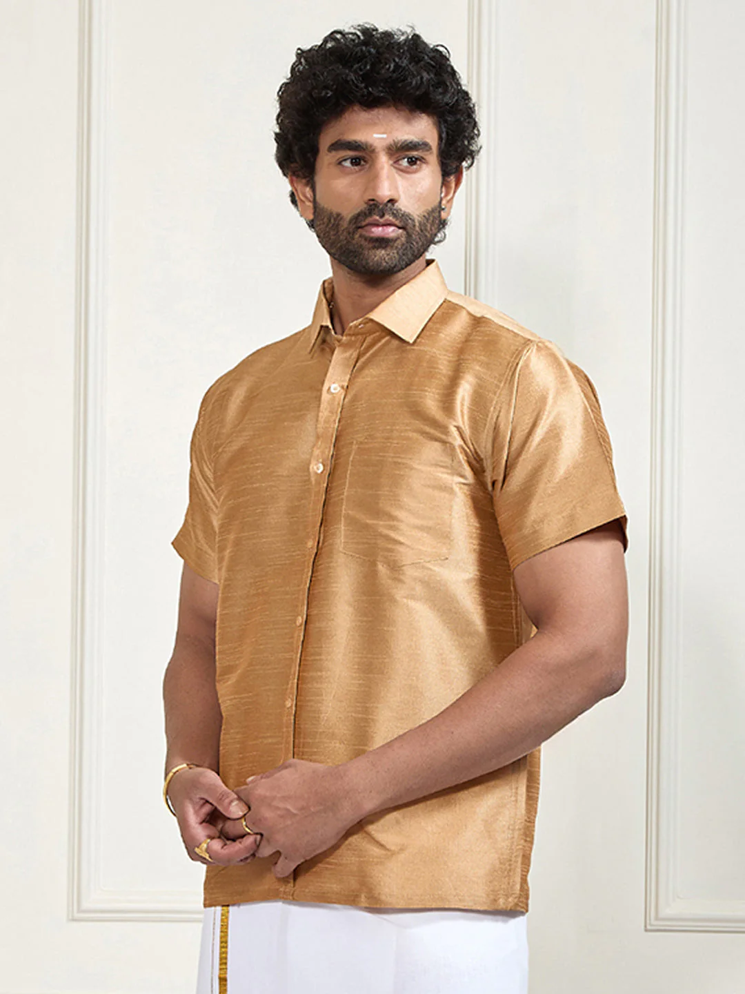 Men's Gold Silk Blend Ethnic Shirt - Image 11